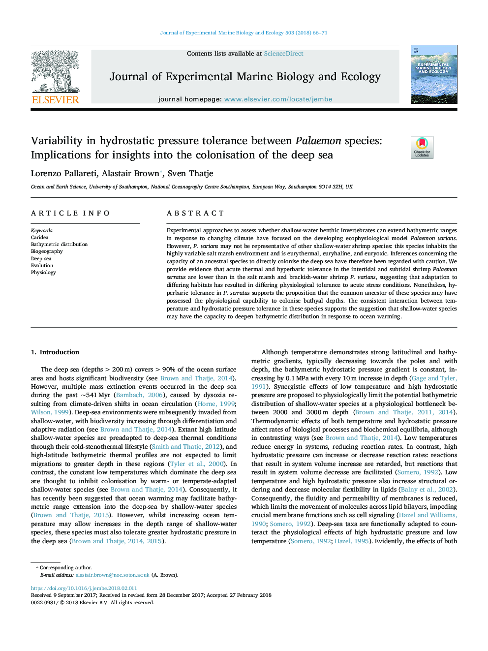 Variability in hydrostatic pressure tolerance between Palaemon species: Implications for insights into the colonisation of the deep sea