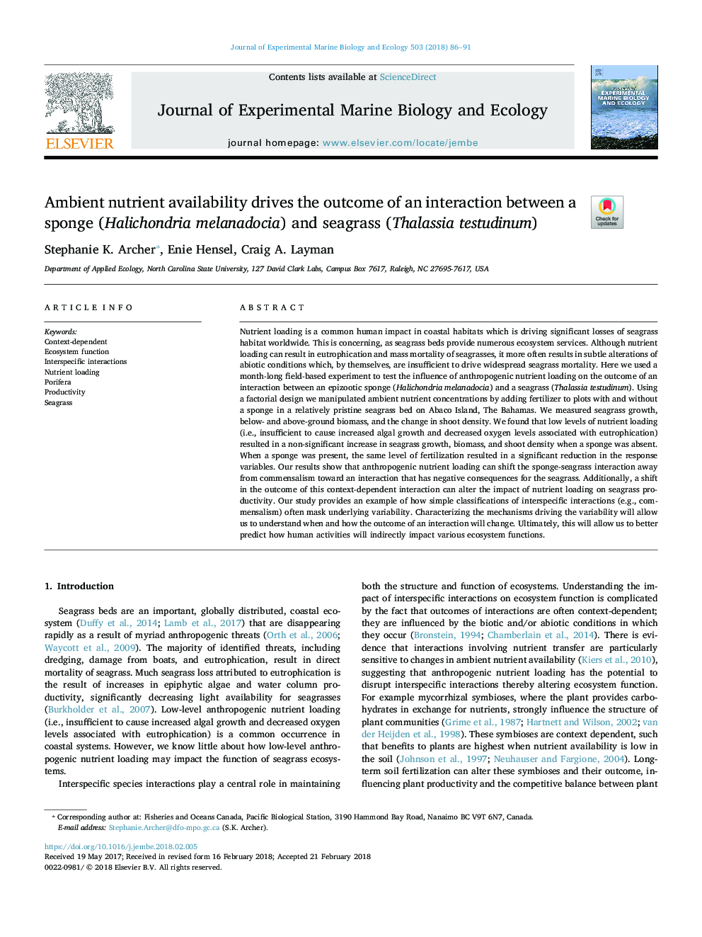 Ambient nutrient availability drives the outcome of an interaction between a sponge (Halichondria melanadocia) and seagrass (Thalassia testudinum)