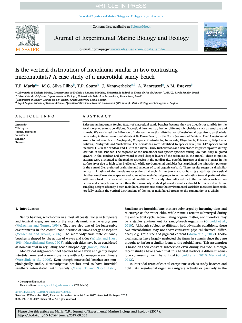 Is the vertical distribution of meiofauna similar in two contrasting microhabitats? A case study of a macrotidal sandy beach