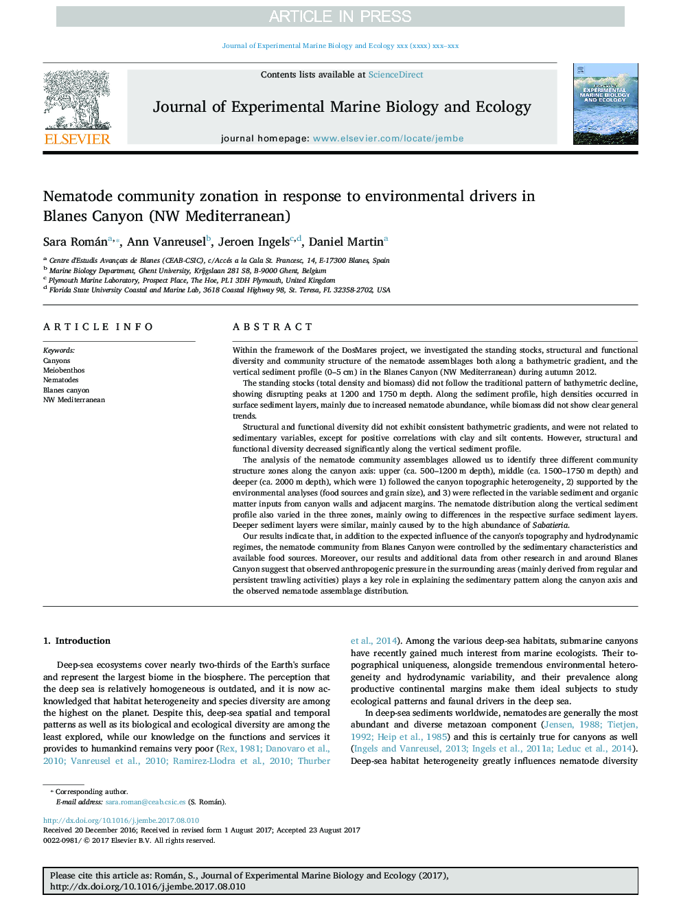 Nematode community zonation in response to environmental drivers in Blanes Canyon (NW Mediterranean)