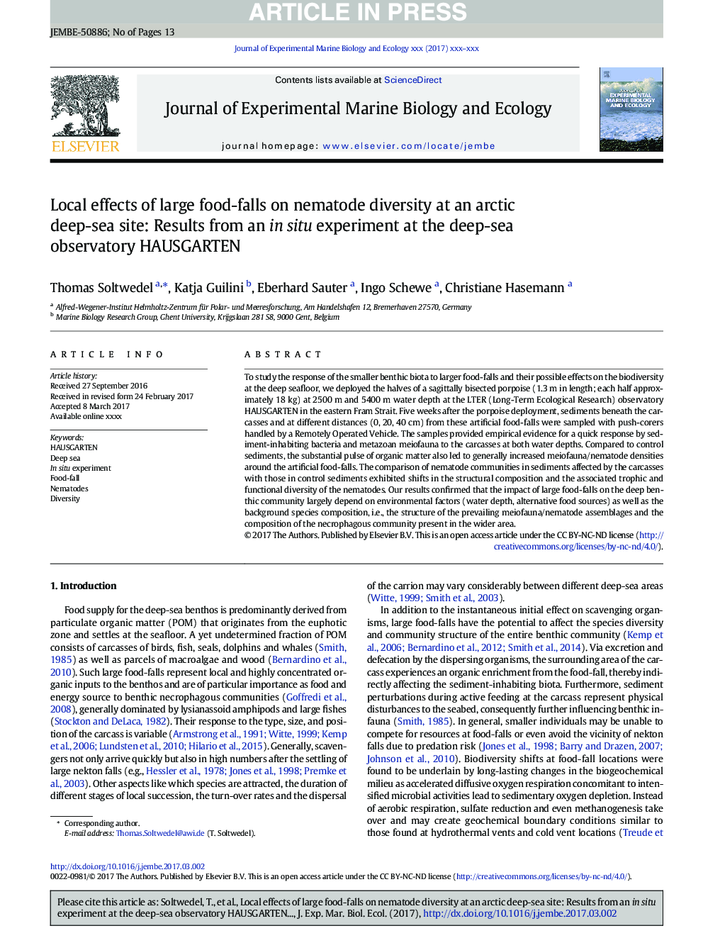 Local effects of large food-falls on nematode diversity at an arctic deep-sea site: Results from an in situ experiment at the deep-sea observatory HAUSGARTEN