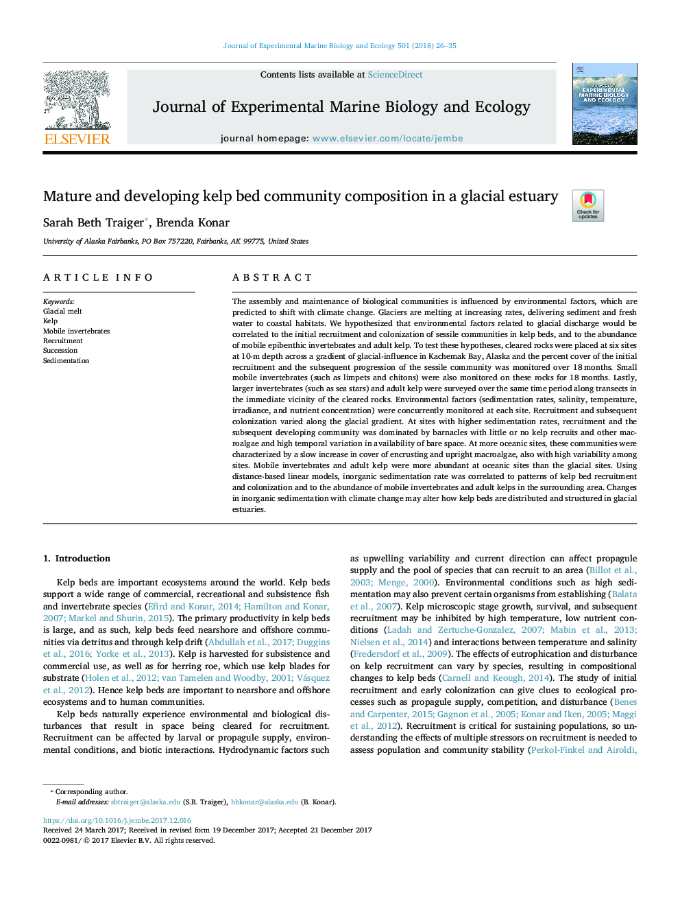 Mature and developing kelp bed community composition in a glacial estuary
