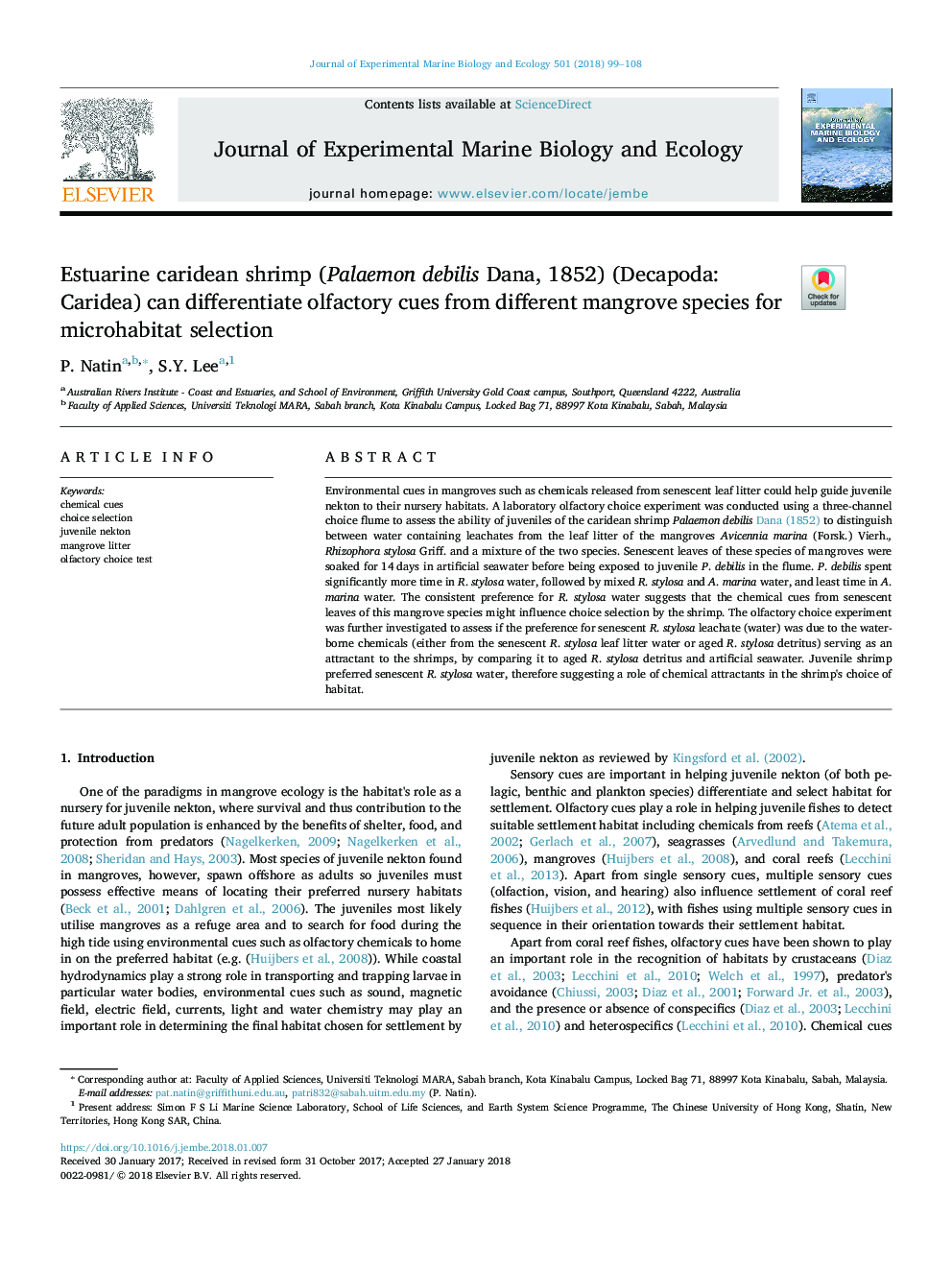 Estuarine caridean shrimp (Palaemon debilis Dana, 1852) (Decapoda: Caridea) can differentiate olfactory cues from different mangrove species for microhabitat selection