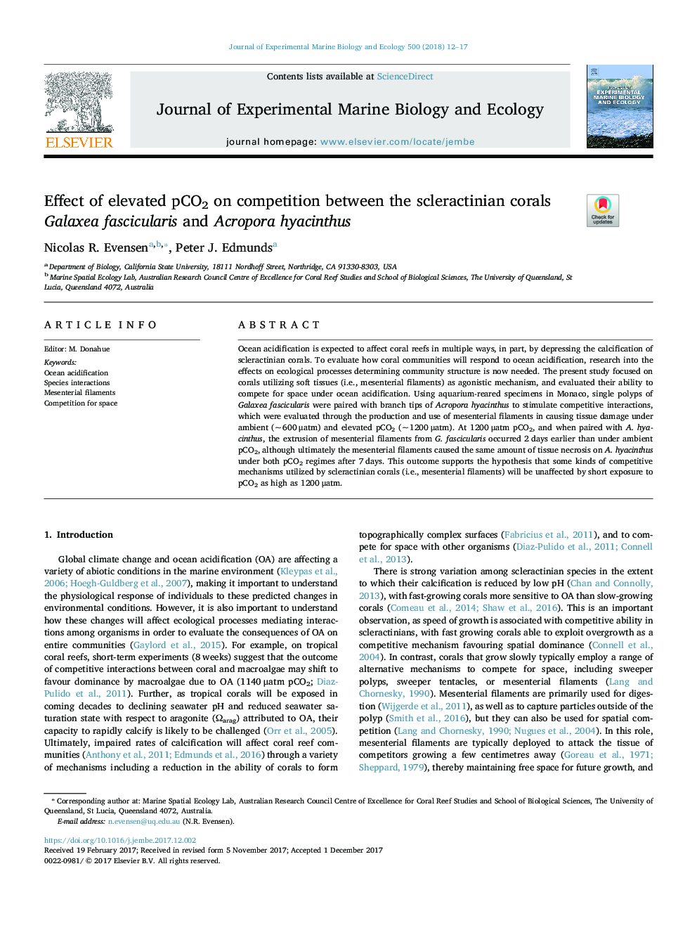 Effect of elevated pCO2 on competition between the scleractinian corals Galaxea fascicularis and Acropora hyacinthus