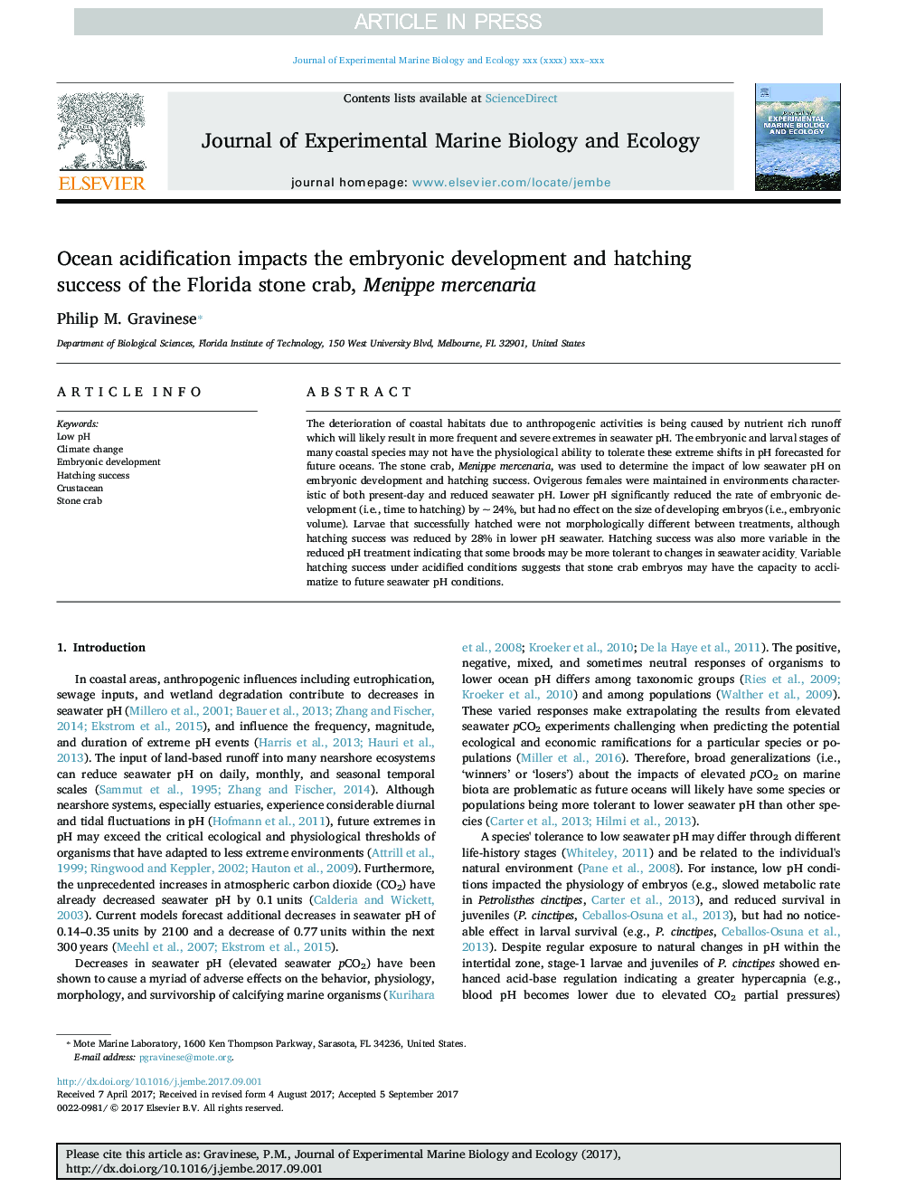 Ocean acidification impacts the embryonic development and hatching success of the Florida stone crab, Menippe mercenaria