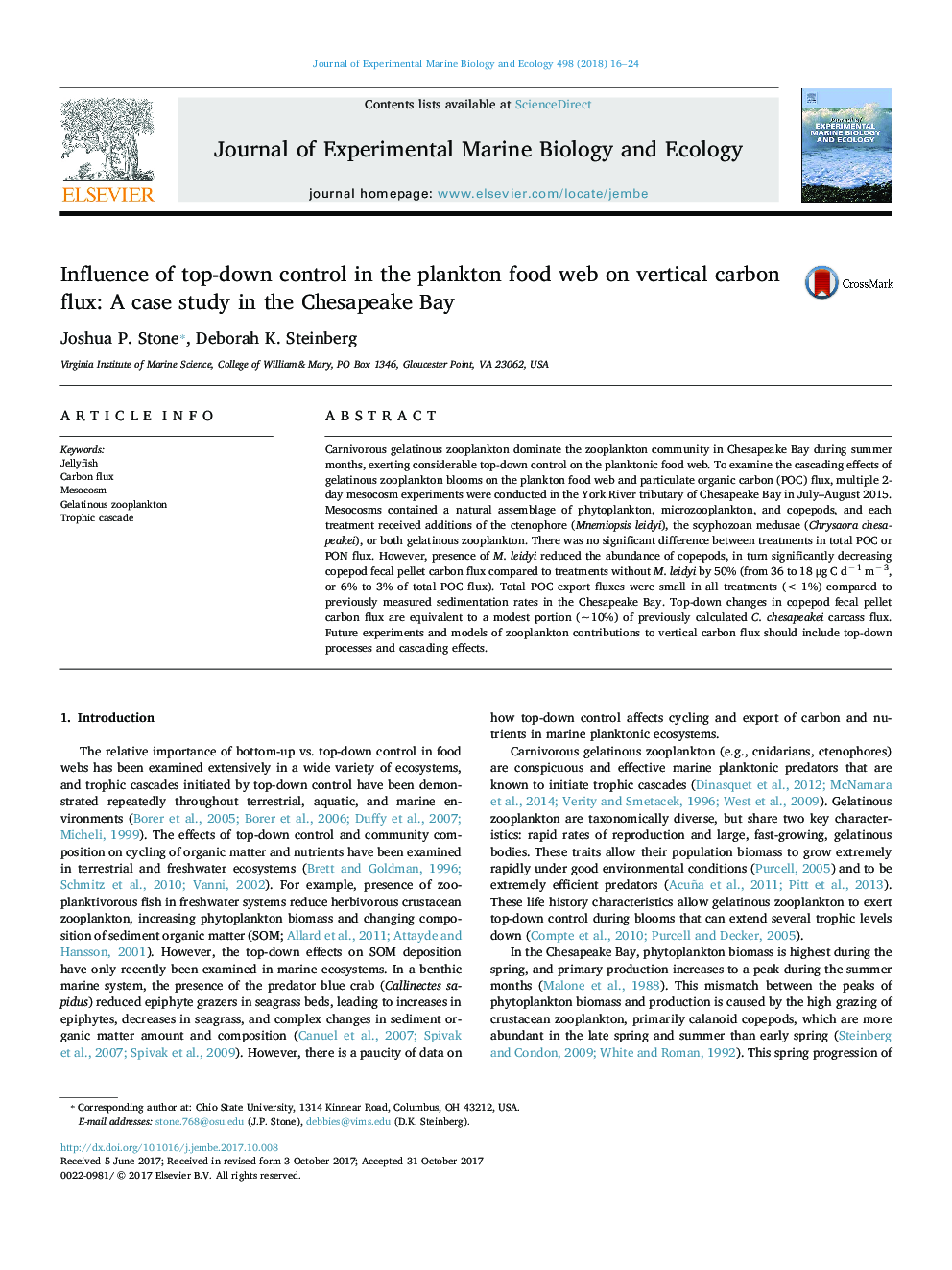 تأثیر کنترل از بالا به پایین در وب غذای پلانکتون بر روی قوس کربن عمودی: مطالعه موردی در خلیج چسپیک 