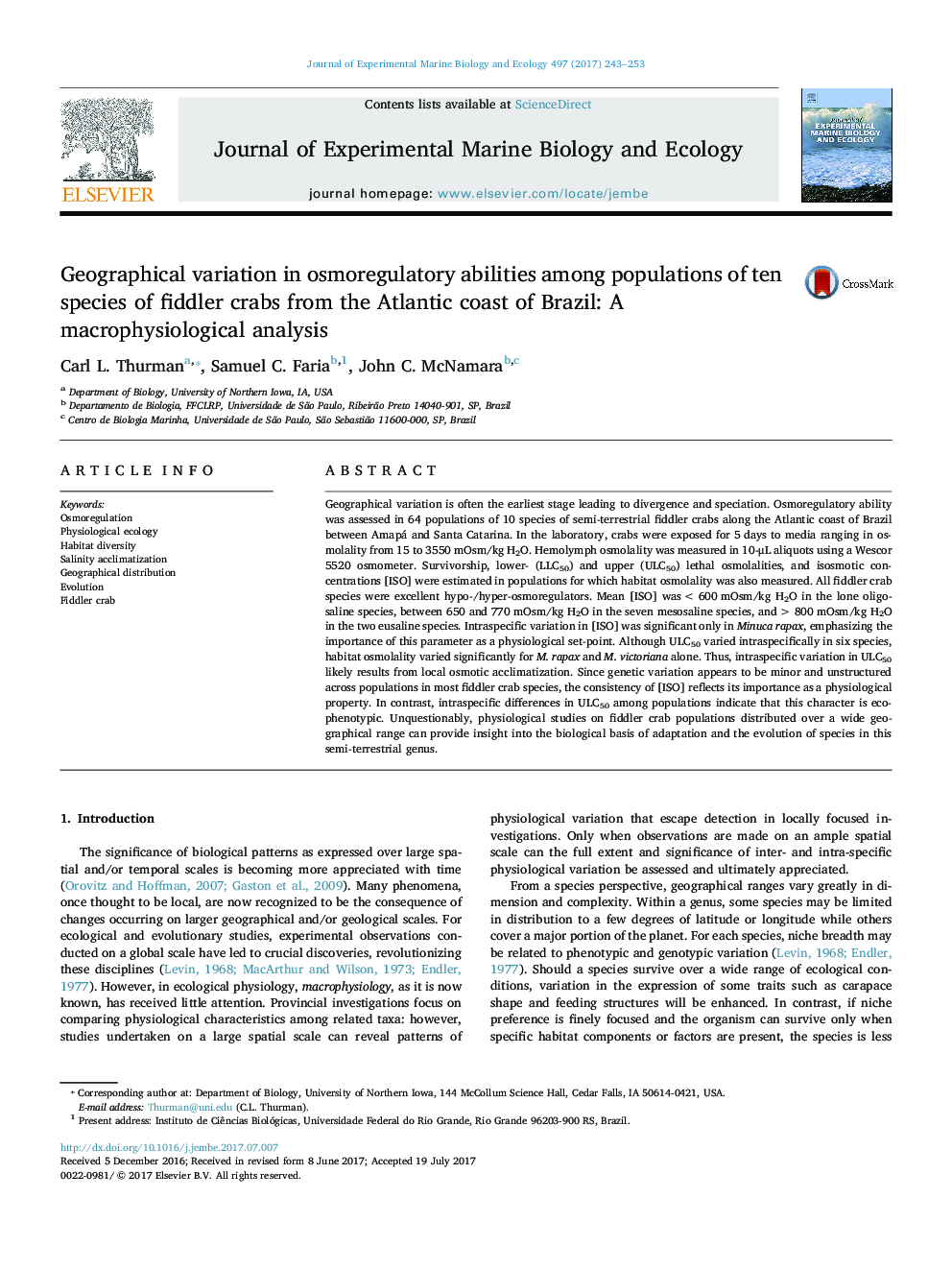 تنوع ژنتیکی در توانایی های اسمزی در میان جمعیت 10 گونه خرچنگ فیدلر از ساحل اقیانوس اطلس برزیل: تجزیه و تحلیل ماکرو فیزیولوژی 