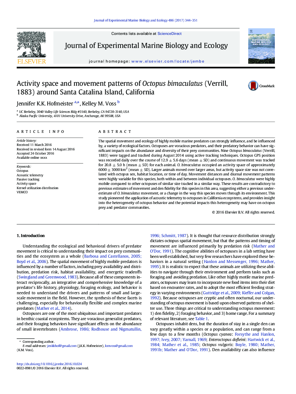 Activity space and movement patterns of Octopus bimaculatus (Verrill, 1883) around Santa Catalina Island, California