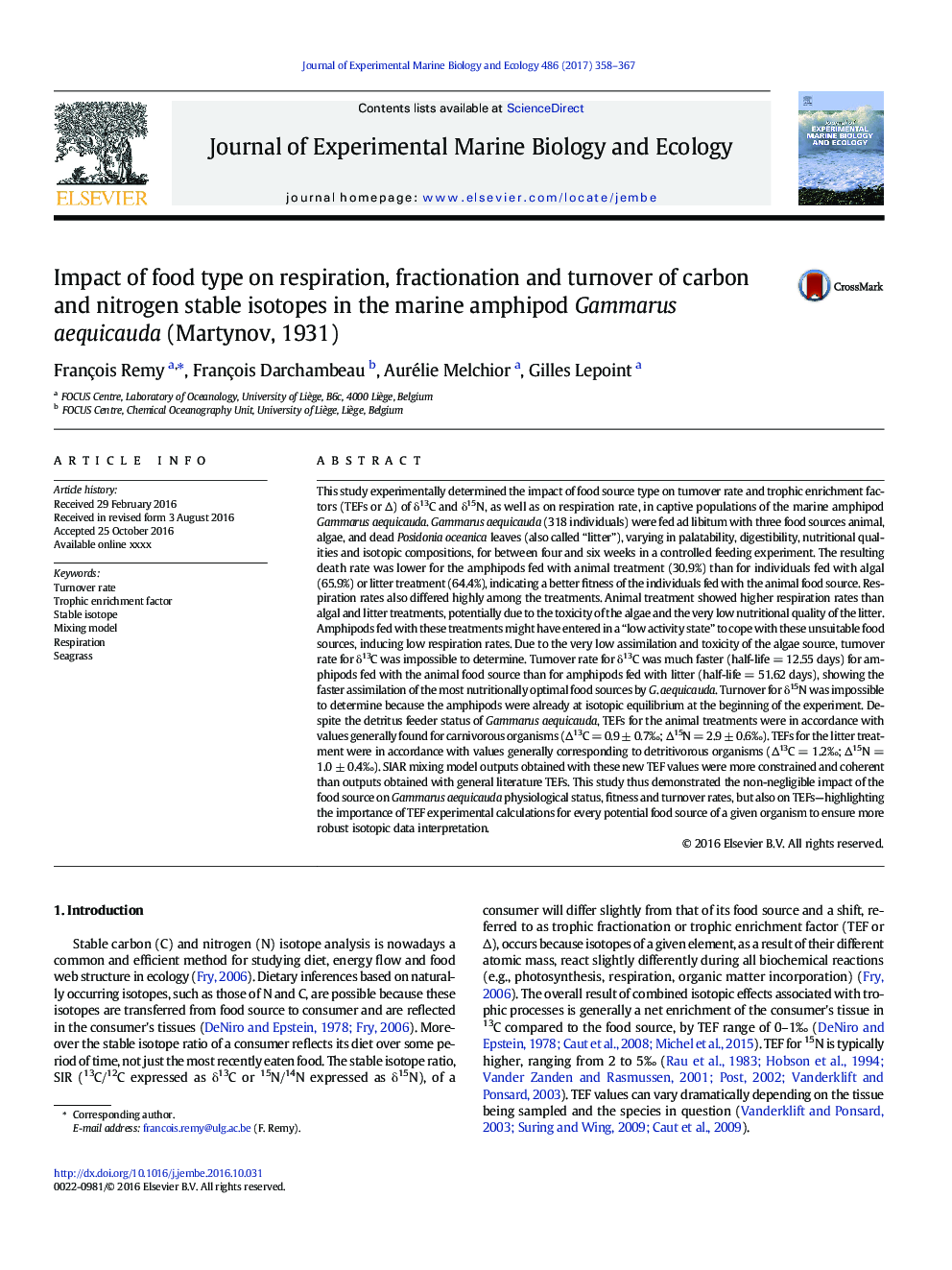 Impact of food type on respiration, fractionation and turnover of carbon and nitrogen stable isotopes in the marine amphipod Gammarus aequicauda (Martynov, 1931)