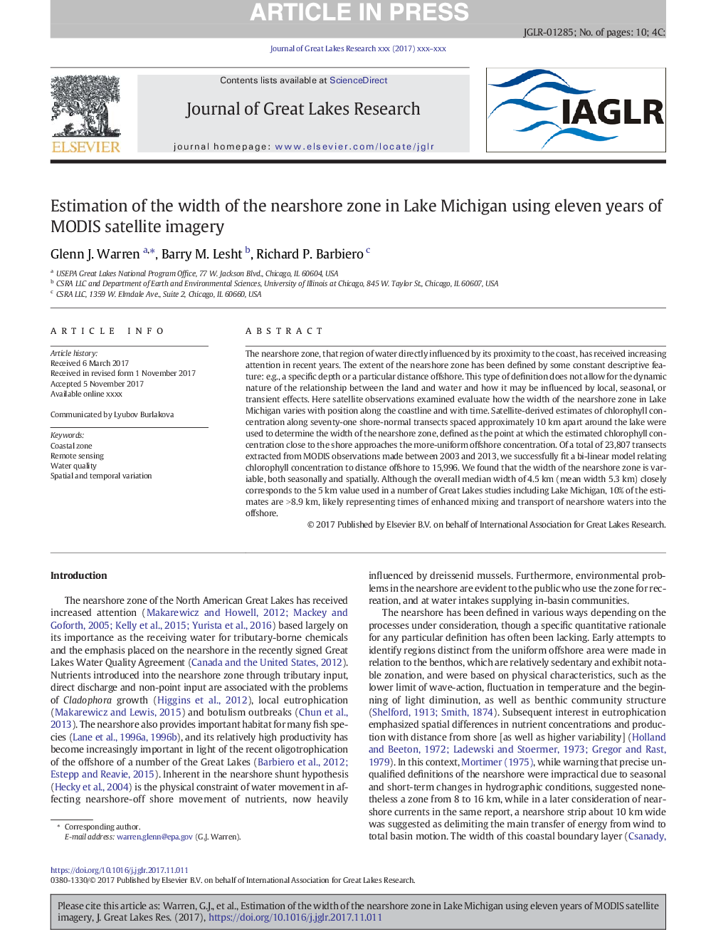 Estimation of the width of the nearshore zone in Lake Michigan using eleven years of MODIS satellite imagery