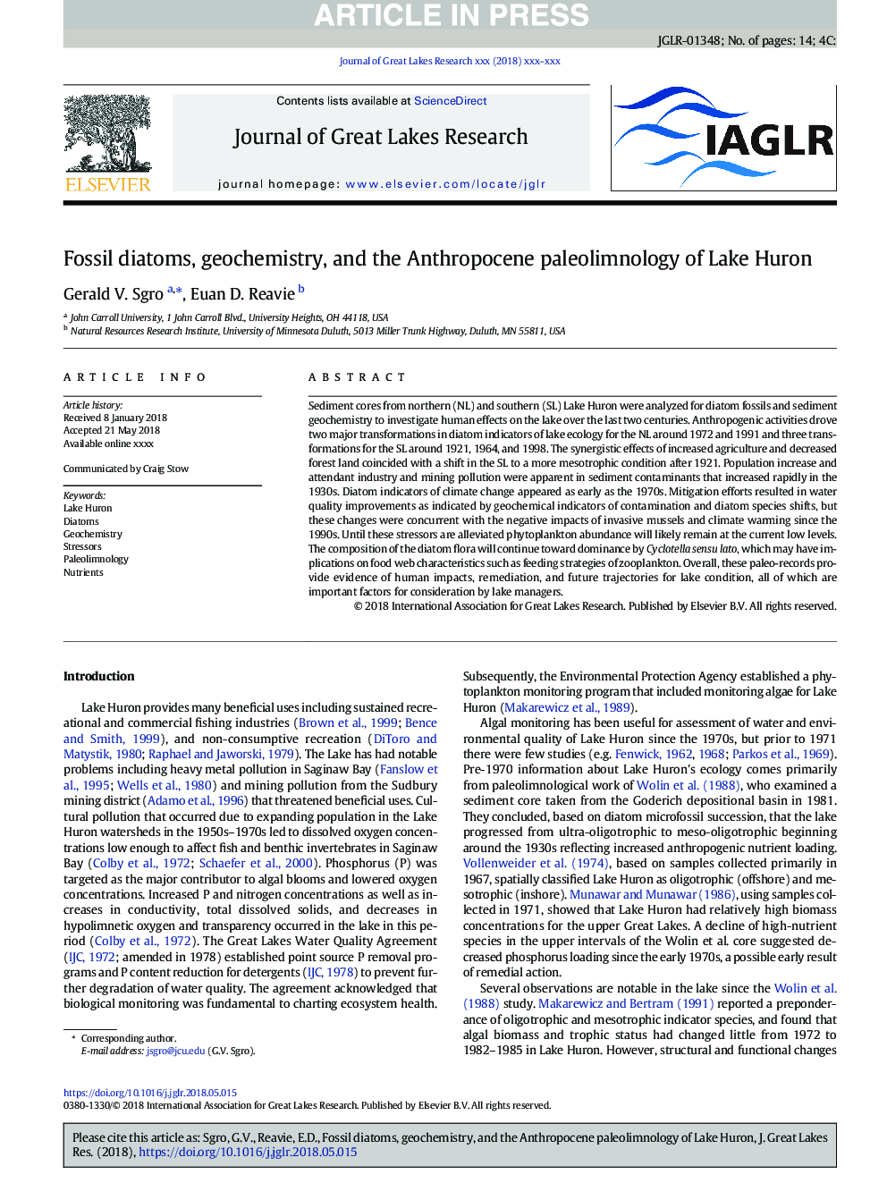 Fossil diatoms, geochemistry, and the Anthropocene paleolimnology of Lake Huron