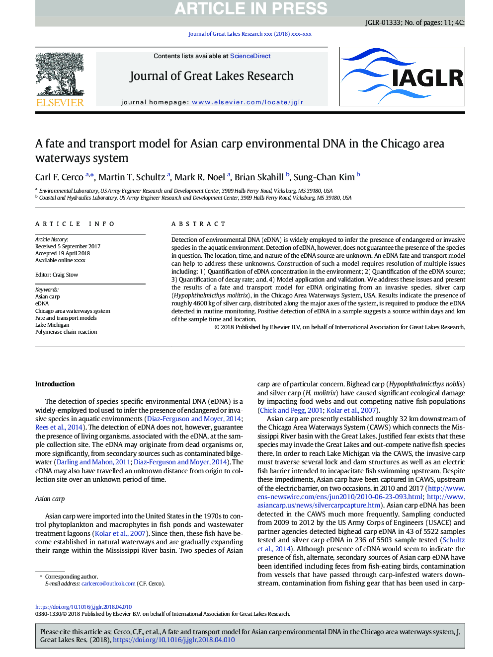 A fate and transport model for Asian carp environmental DNA in the Chicago area waterways system