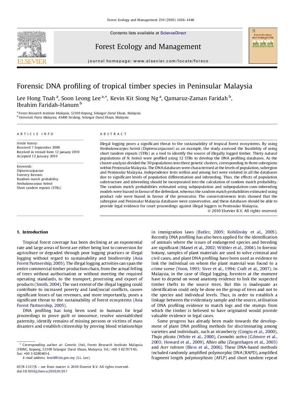 Forensic DNA profiling of tropical timber species in Peninsular Malaysia