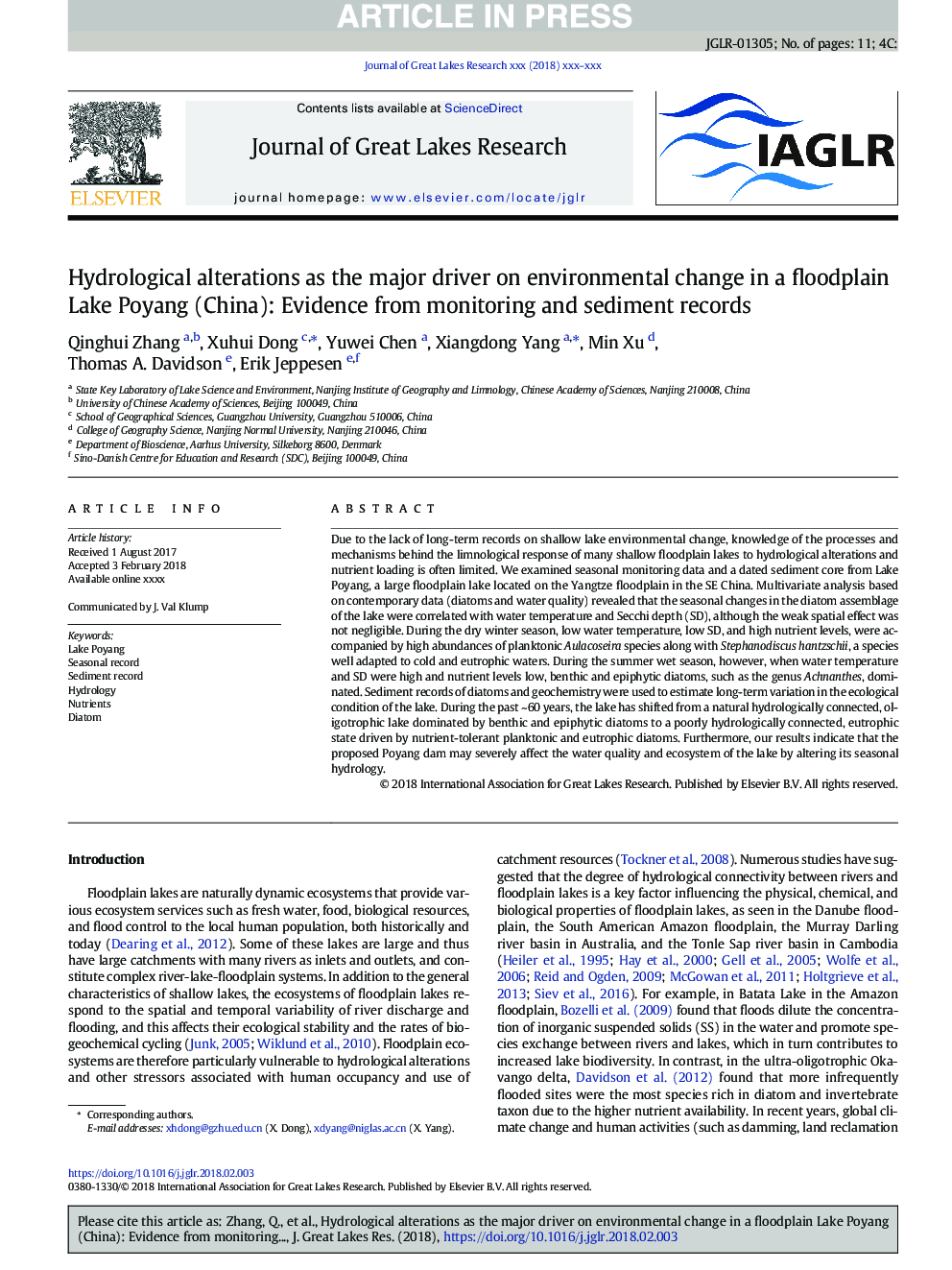 Hydrological alterations as the major driver on environmental change in a floodplain Lake Poyang (China): Evidence from monitoring and sediment records