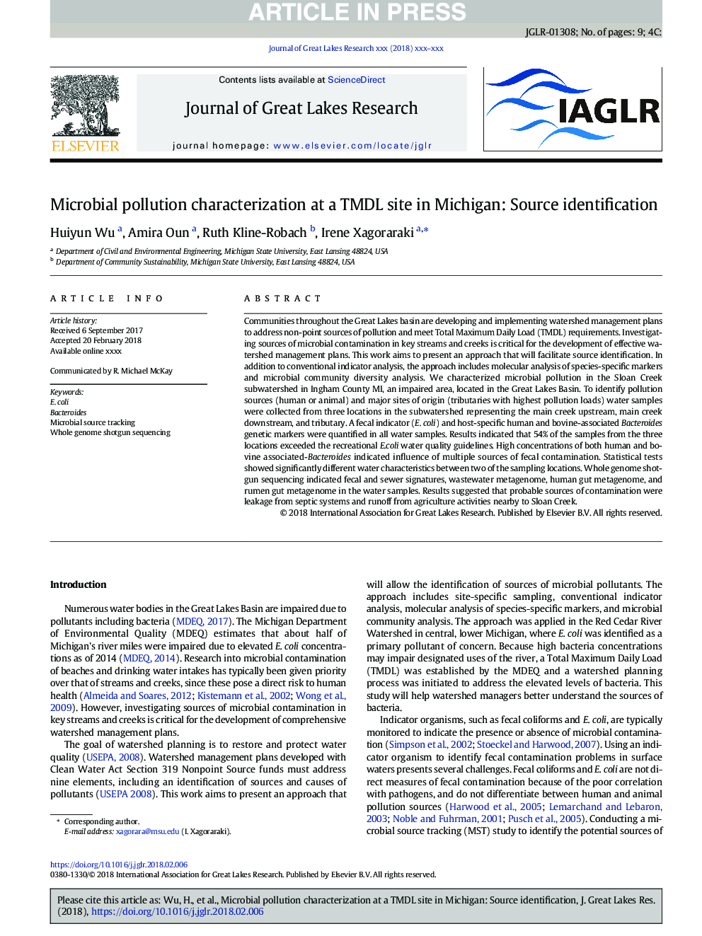 Microbial pollution characterization at a TMDL site in Michigan: Source identification