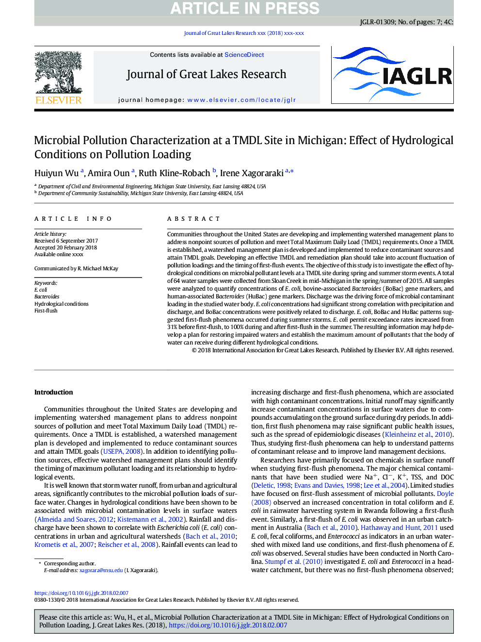 Microbial Pollution Characterization at a TMDL Site in Michigan: Effect of Hydrological Conditions on Pollution Loading