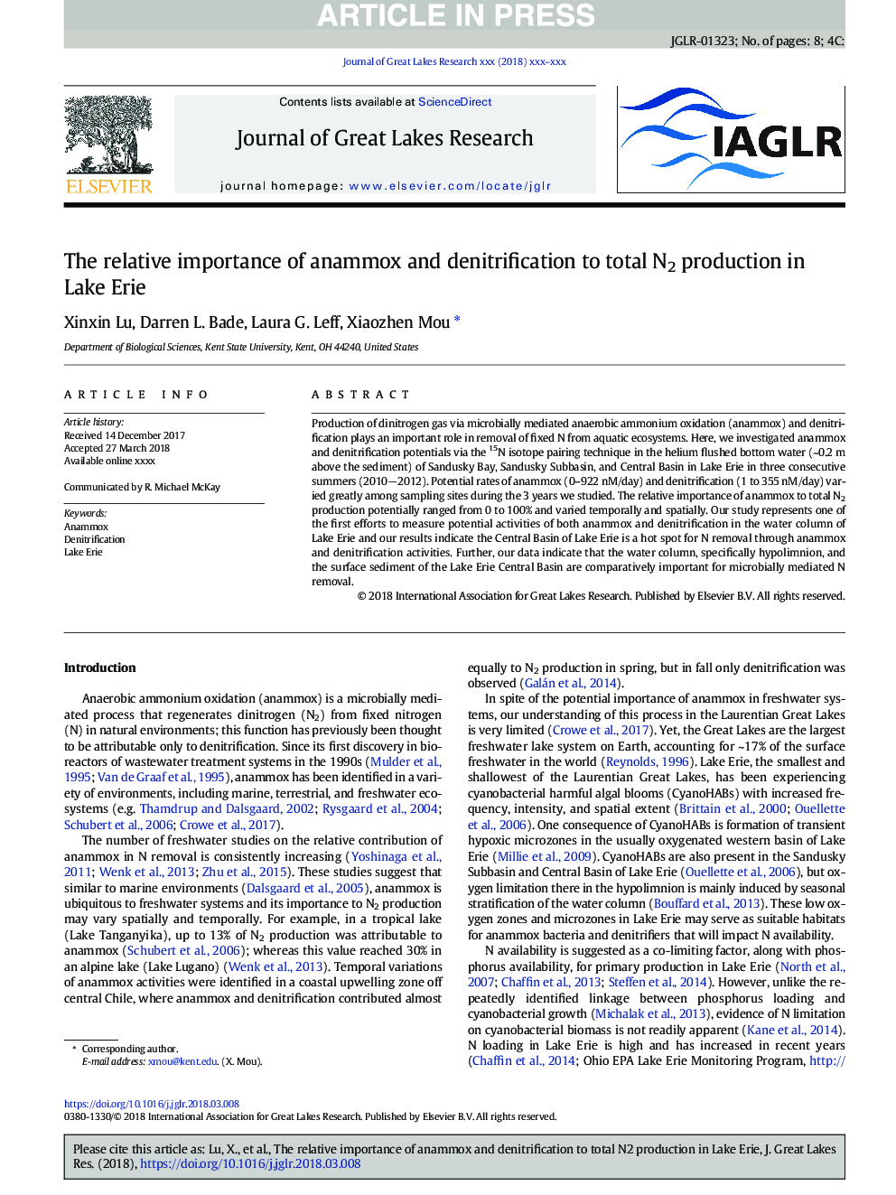 The relative importance of anammox and denitrification to total N2 production in Lake Erie