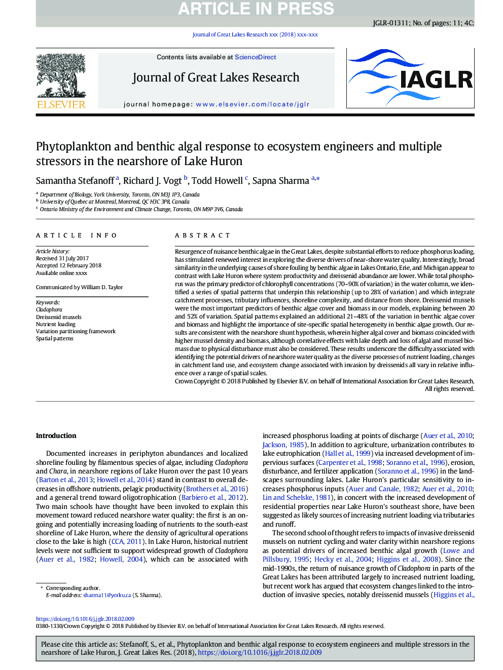 Phytoplankton and benthic algal response to ecosystem engineers and multiple stressors in the nearshore of Lake Huron