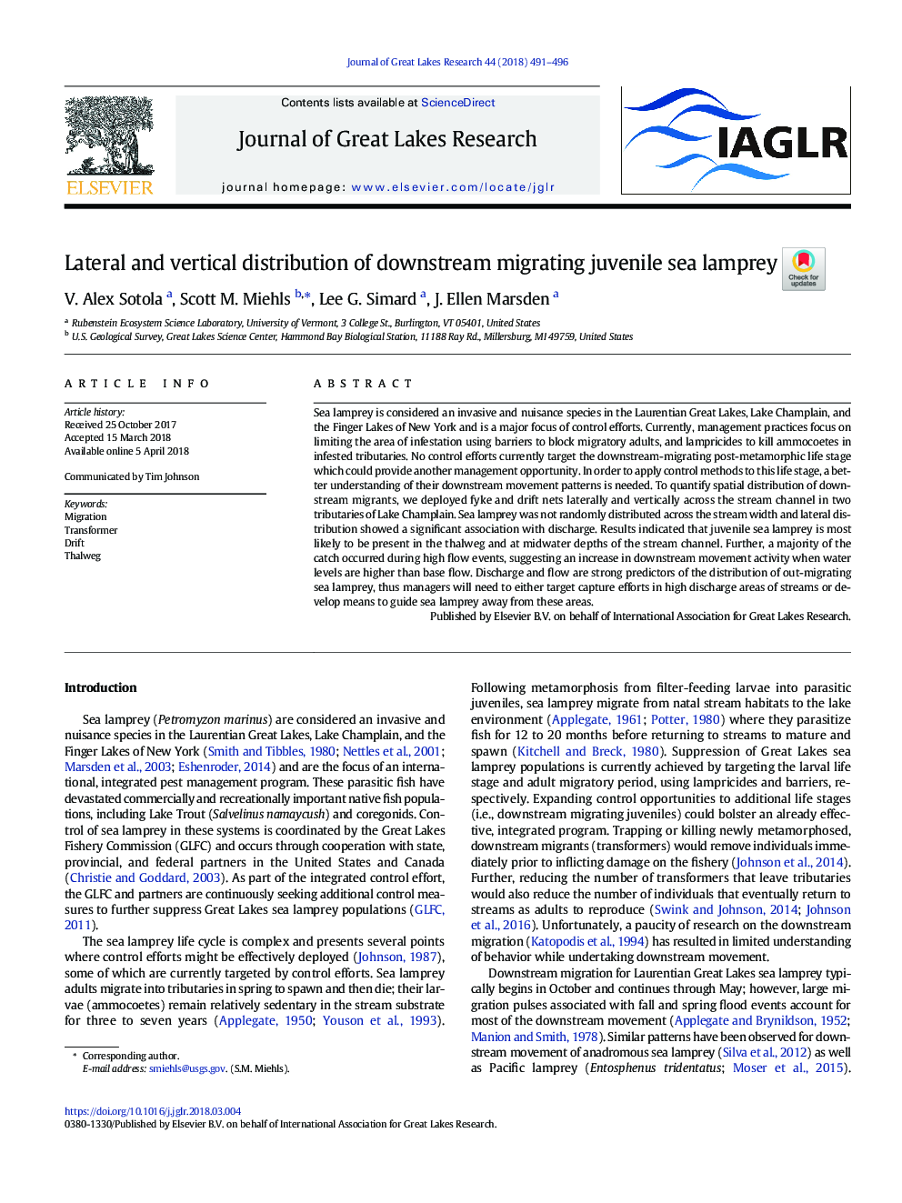 Lateral and vertical distribution of downstream migrating juvenile sea lamprey