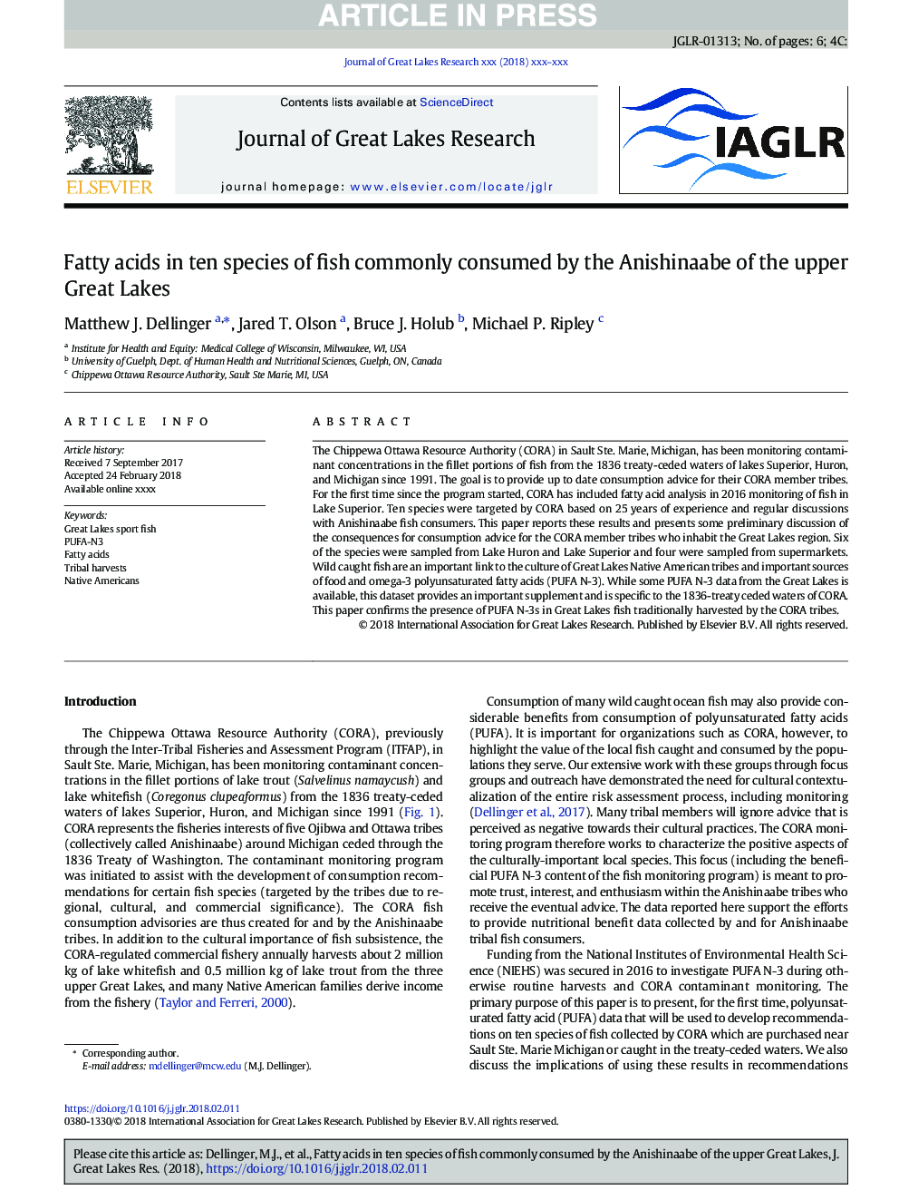 Fatty acids in ten species of fish commonly consumed by the Anishinaabe of the upper Great Lakes