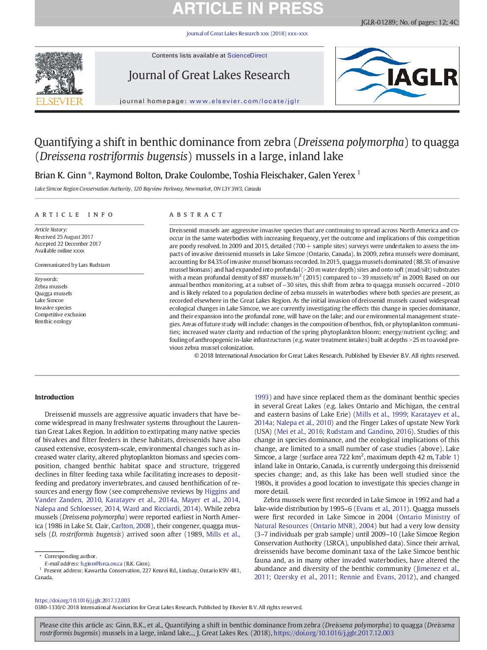 Quantifying a shift in benthic dominance from zebra (Dreissena polymorpha) to quagga (Dreissena rostriformis bugensis) mussels in a large, inland lake