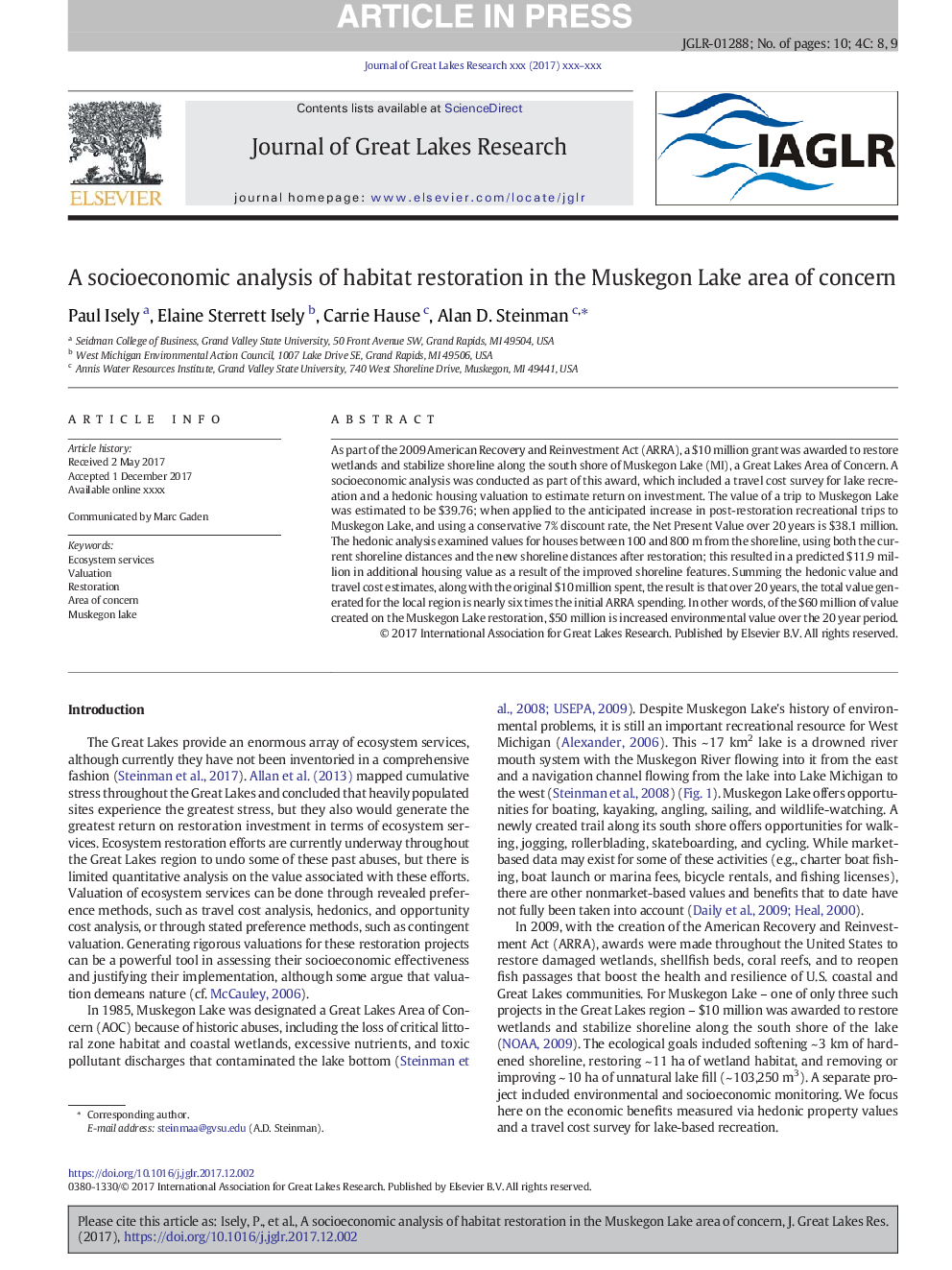 A socioeconomic analysis of habitat restoration in the Muskegon Lake area of concern