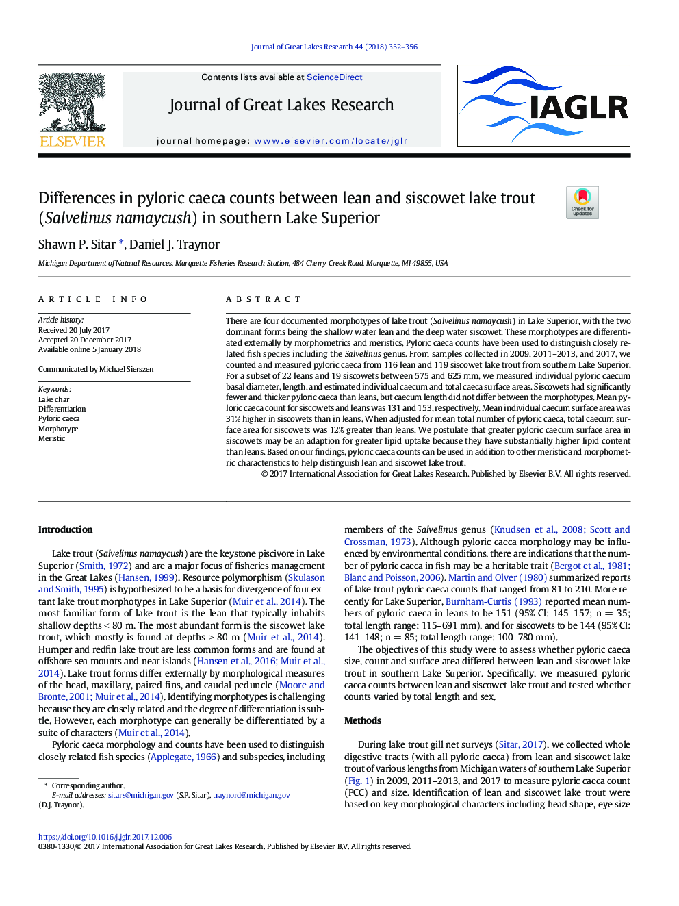 Differences in pyloric caeca counts between lean and siscowet lake trout (Salvelinus namaycush) in southern Lake Superior