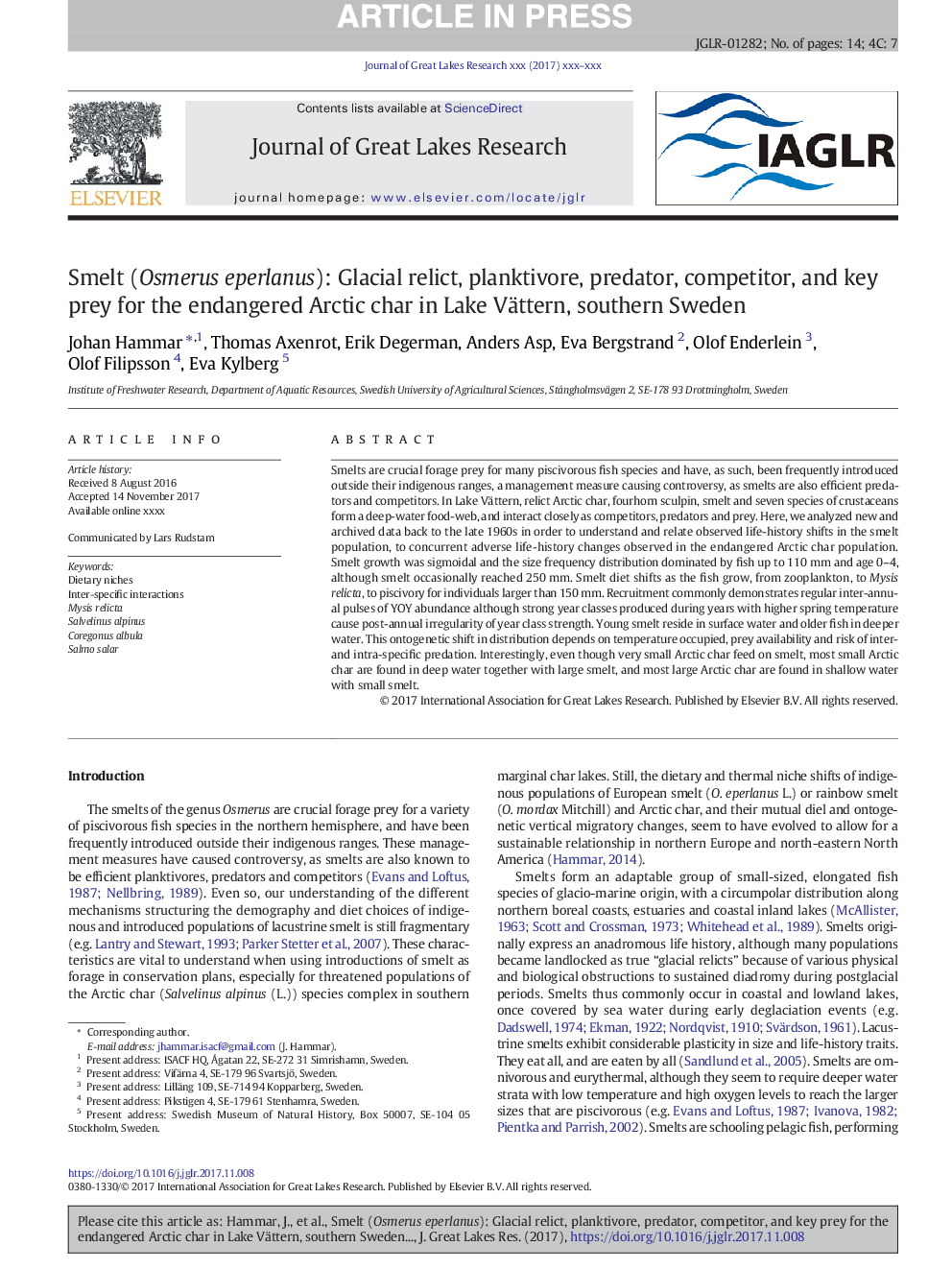 Smelt (Osmerus eperlanus): Glacial relict, planktivore, predator, competitor, and key prey for the endangered Arctic char in Lake Vättern, southern Sweden