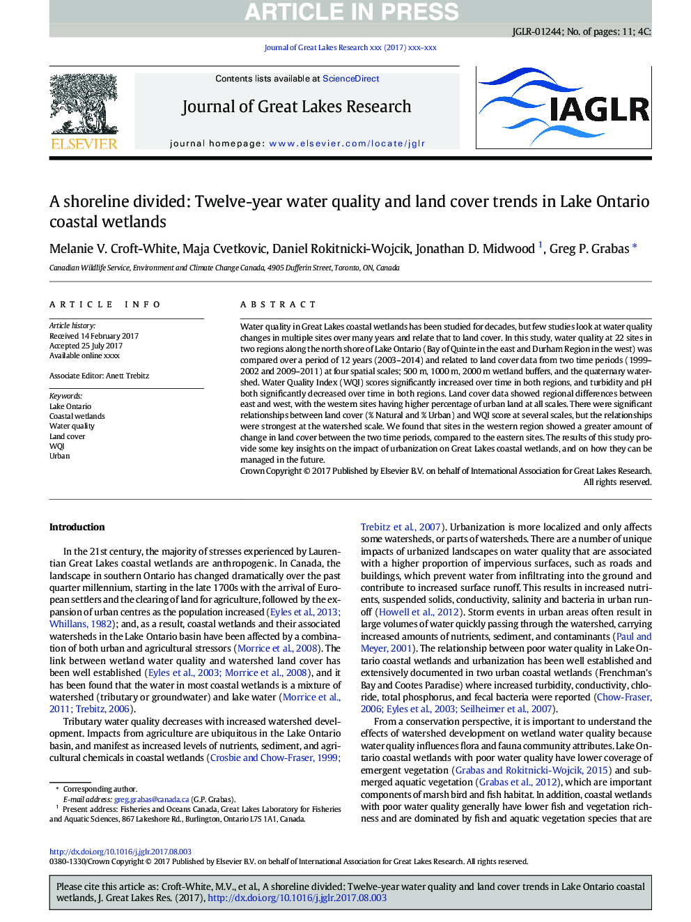 A shoreline divided: Twelve-year water quality and land cover trends in Lake Ontario coastal wetlands