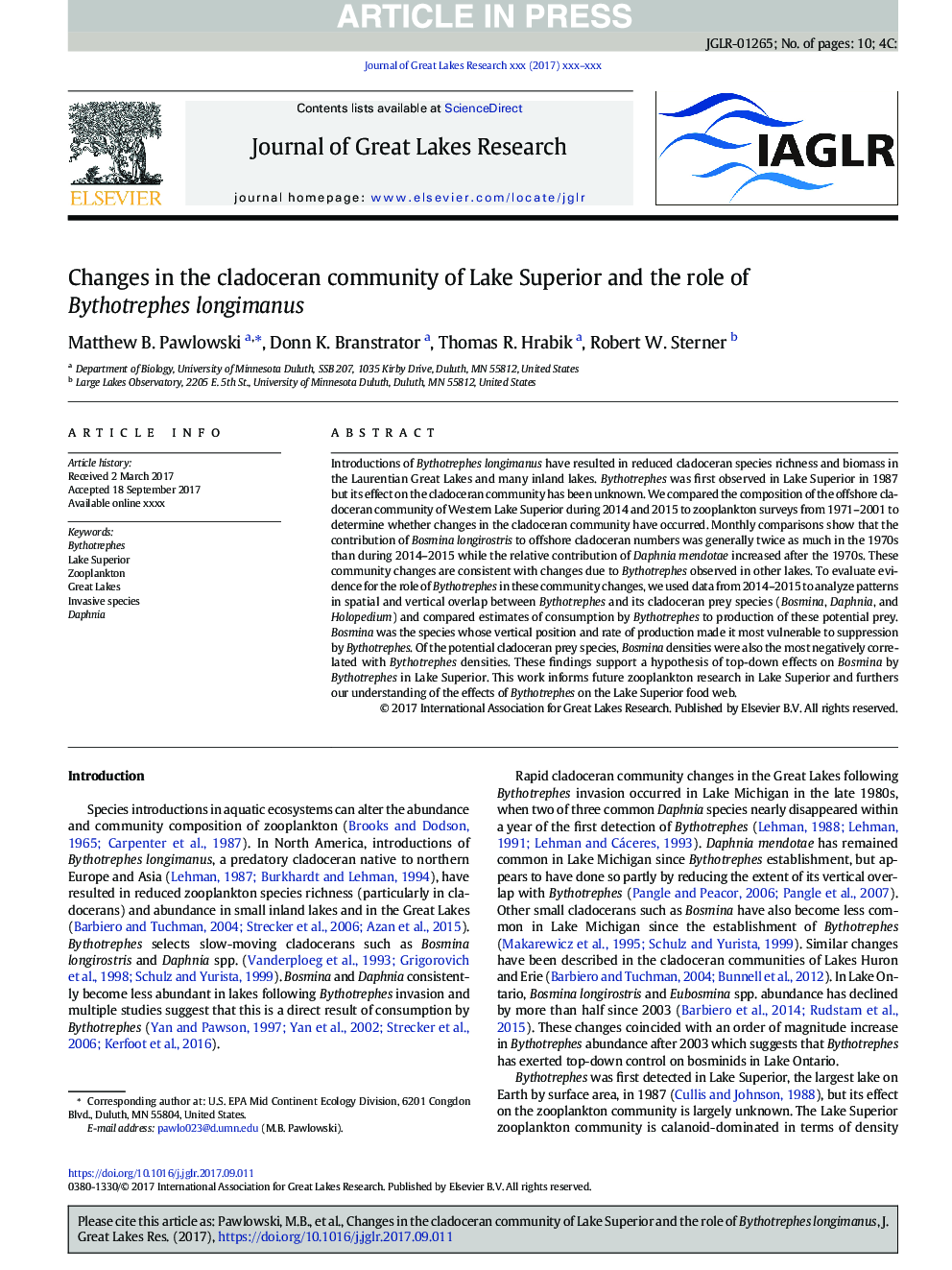 Changes in the cladoceran community of Lake Superior and the role of Bythotrephes longimanus