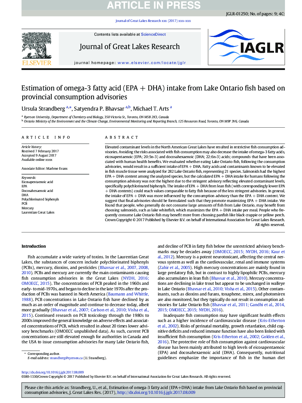 Estimation of omega-3 fatty acid (EPAÂ +Â DHA) intake from Lake Ontario fish based on provincial consumption advisories