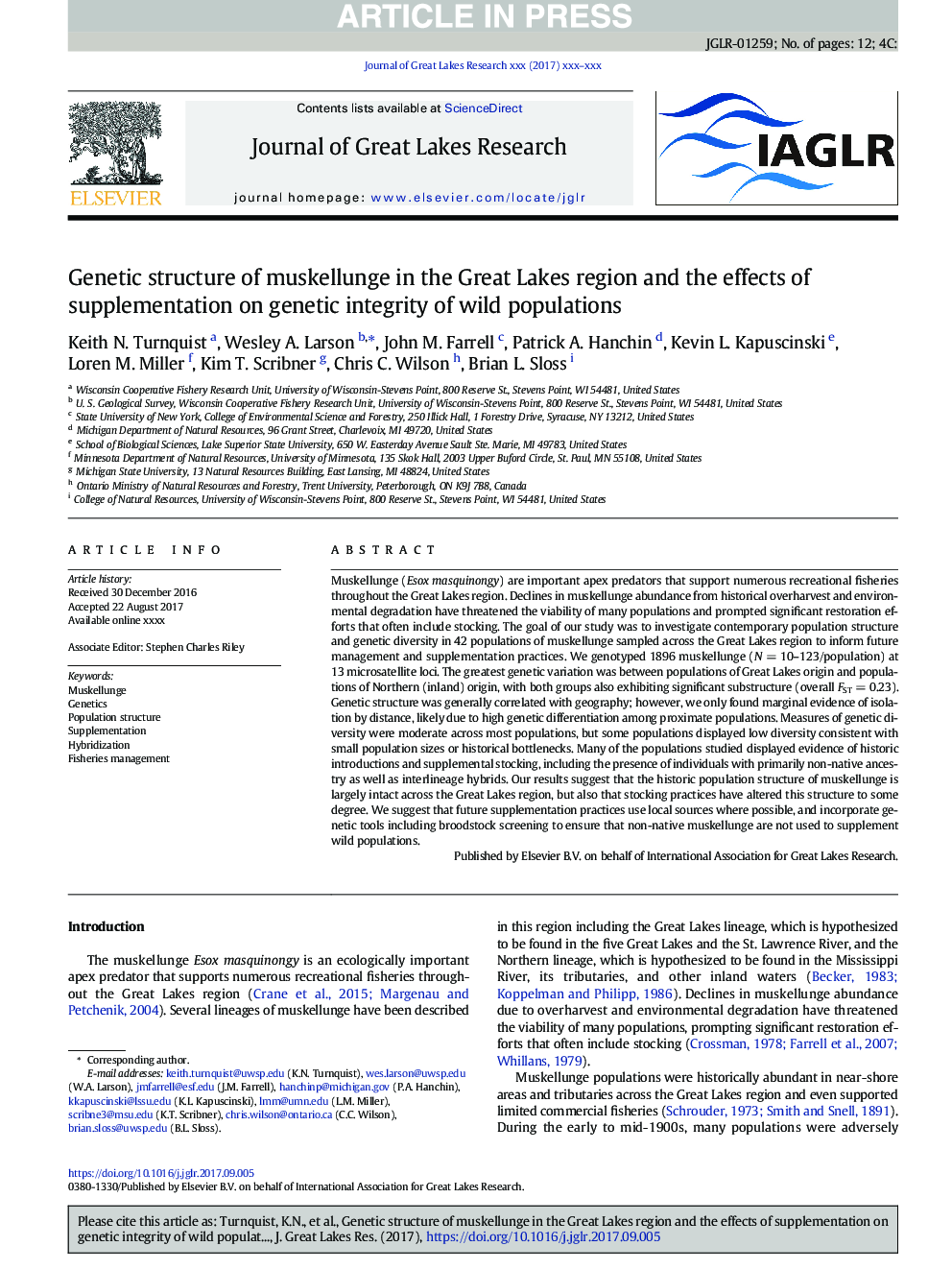 Genetic structure of muskellunge in the Great Lakes region and the effects of supplementation on genetic integrity of wild populations