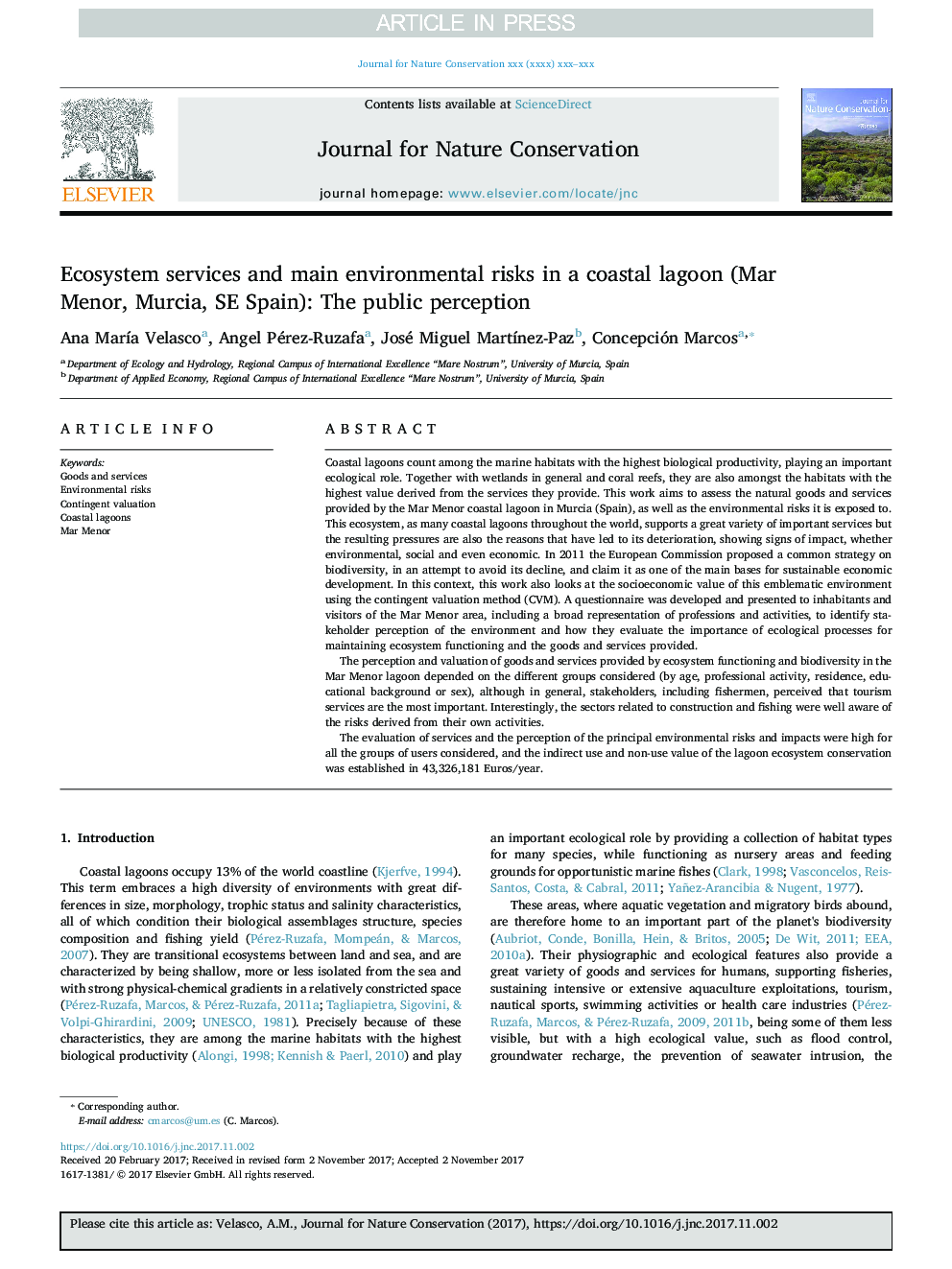 Ecosystem services and main environmental risks in a coastal lagoon (Mar Menor, Murcia, SE Spain): The public perception