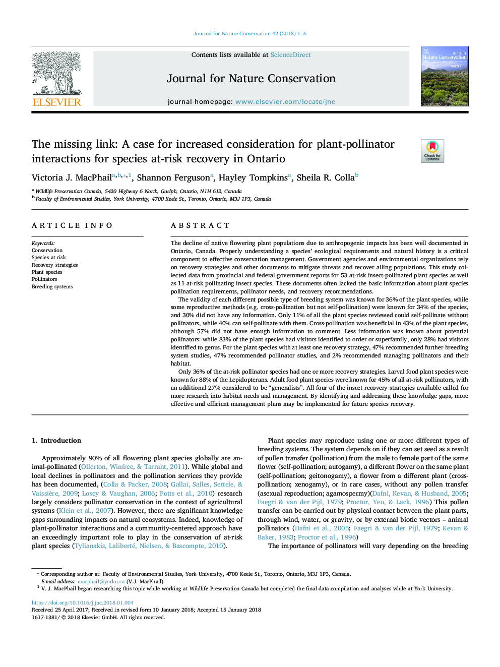 The missing link: A case for increased consideration for plant-pollinator interactions for species at-risk recovery in Ontario