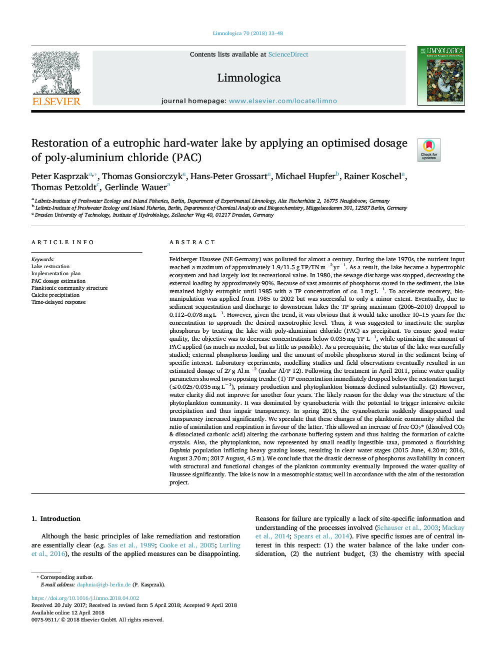 Restoration of a eutrophic hard-water lake by applying an optimised dosage of poly-aluminium chloride (PAC)