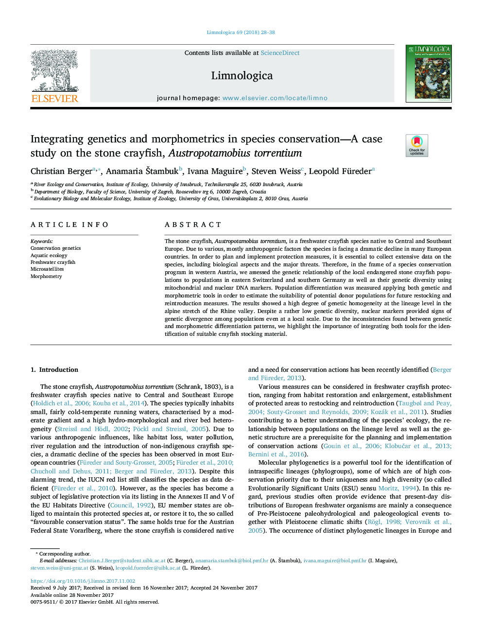 Integrating genetics and morphometrics in species conservation-A case study on the stone crayfish, Austropotamobius torrentium
