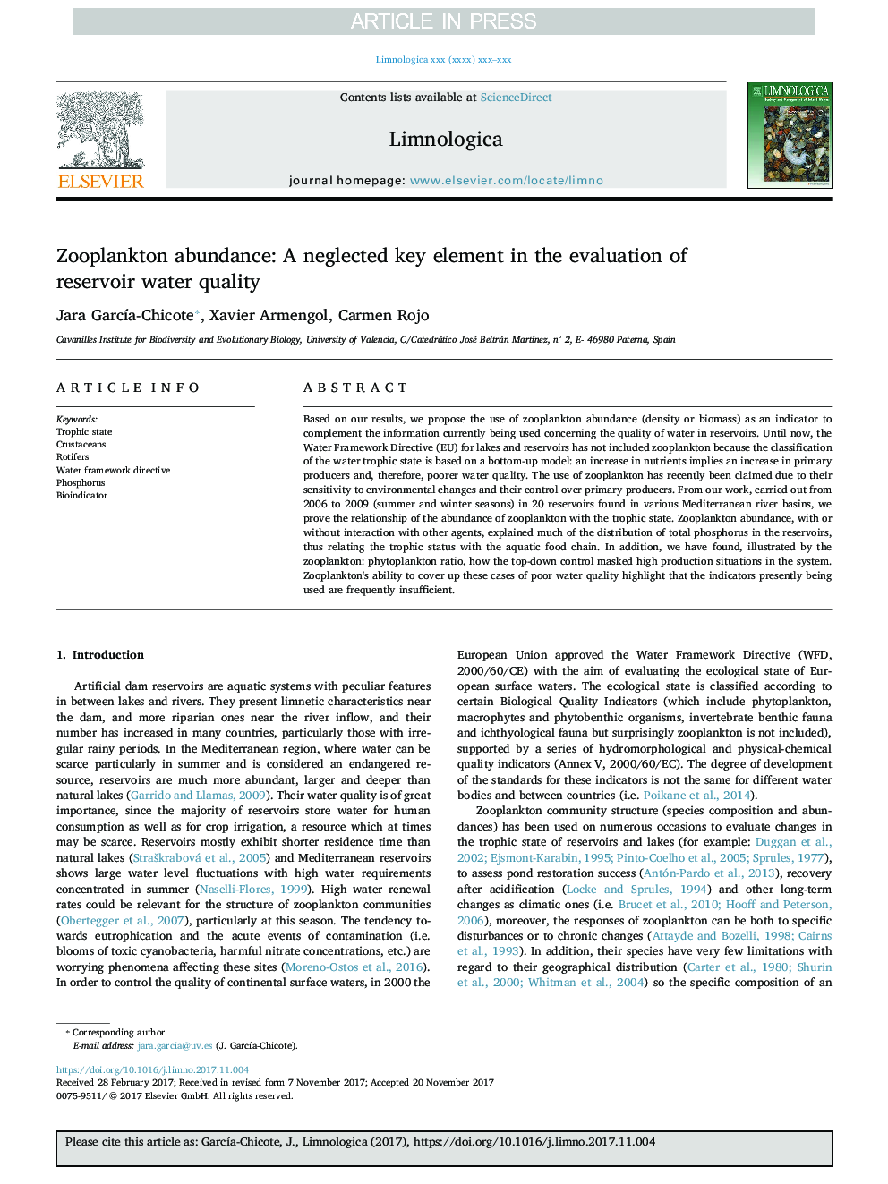 Zooplankton abundance: A neglected key element in the evaluation of reservoir water quality