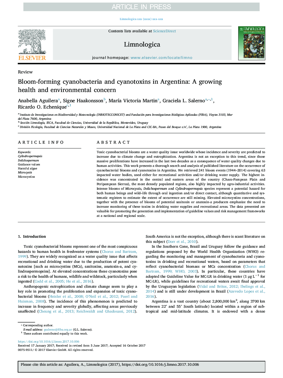 Bloom-forming cyanobacteria and cyanotoxins in Argentina: A growing health and environmental concern