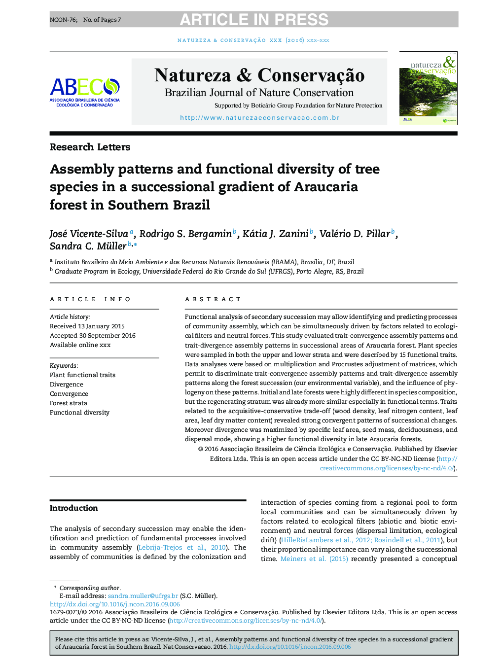Assembly patterns and functional diversity of tree species in a successional gradient of Araucaria forest in Southern Brazil