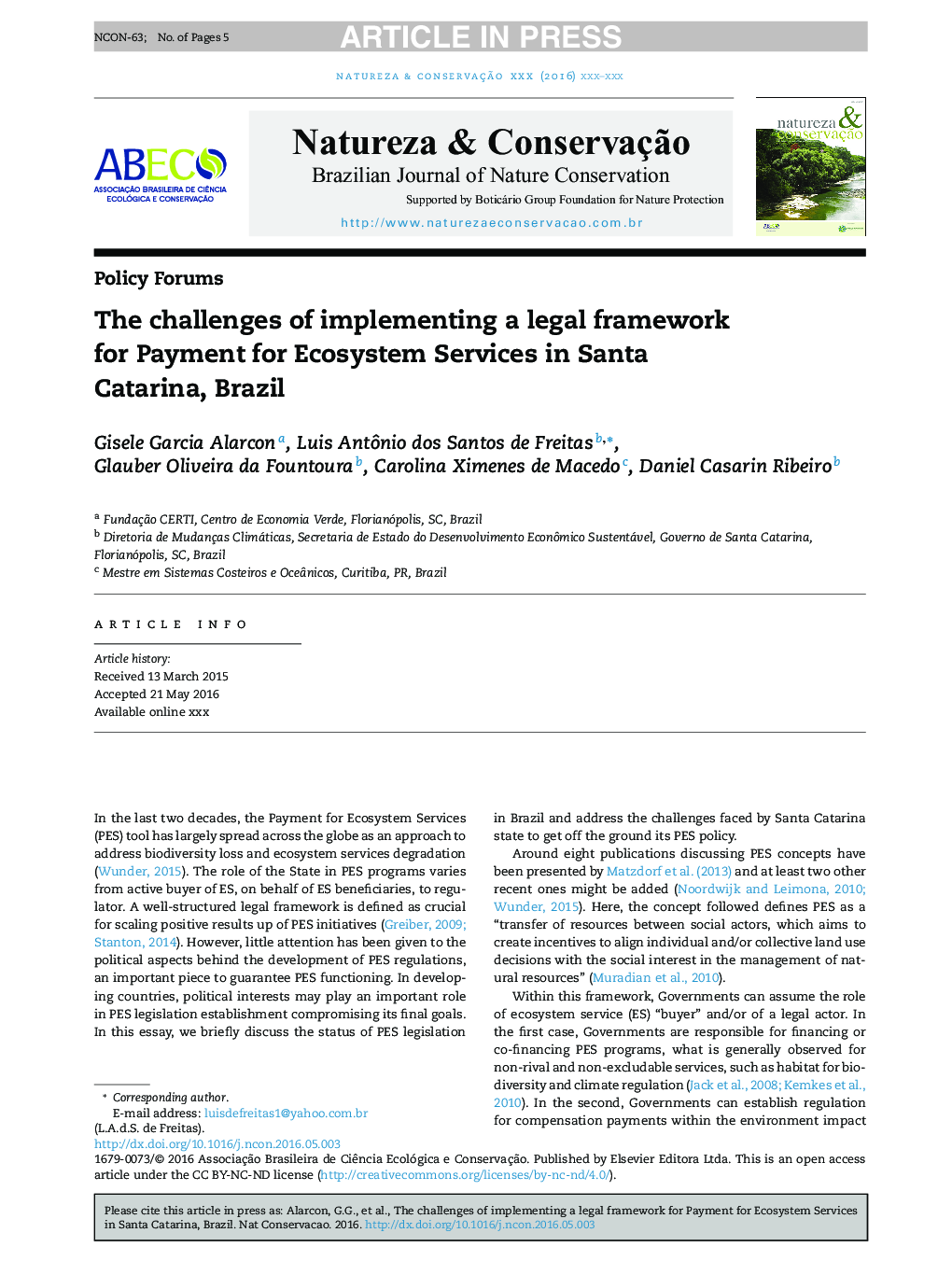 The challenges of implementing a legal framework for Payment for Ecosystem Services in Santa Catarina, Brazil
