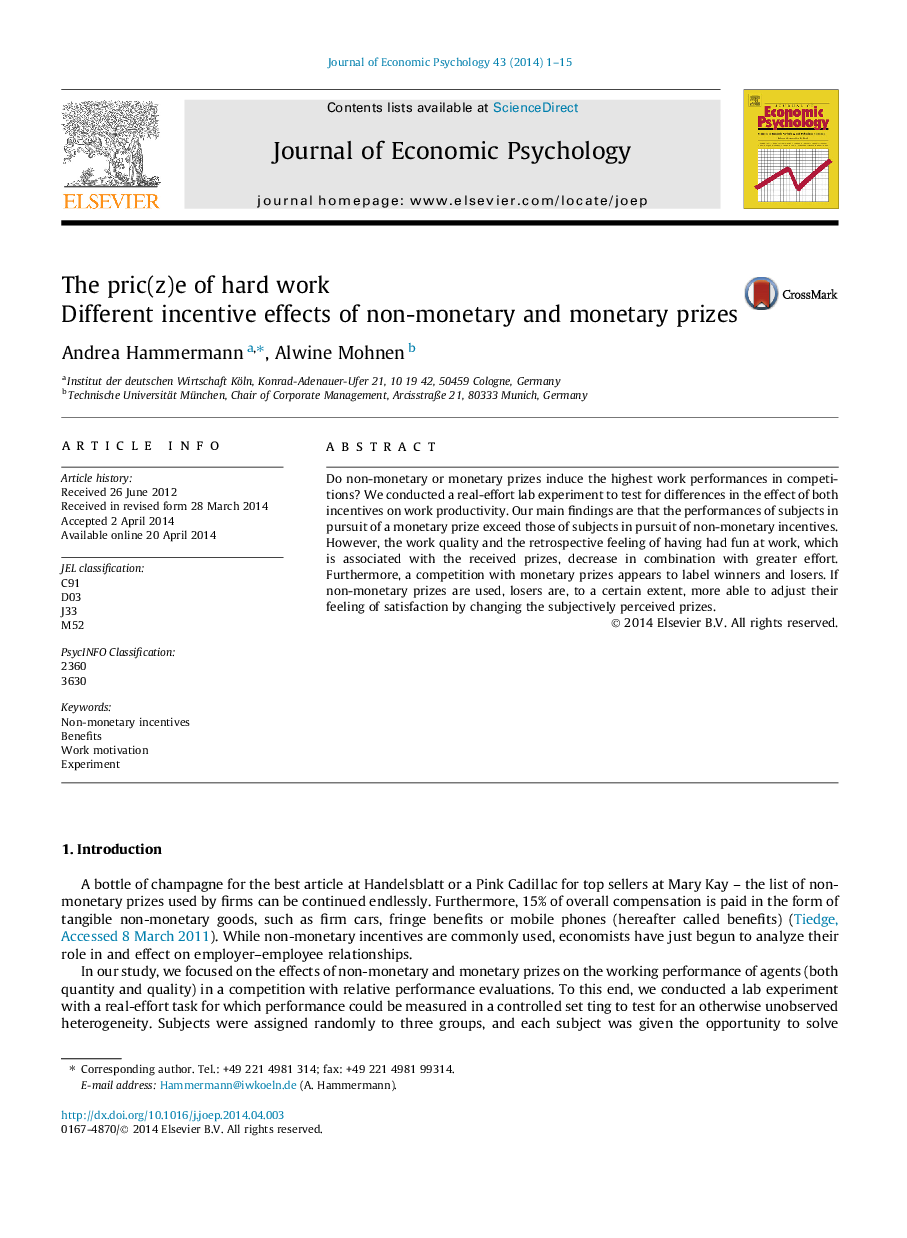 The pric(z)e of hard work: Different incentive effects of non-monetary and monetary prizes