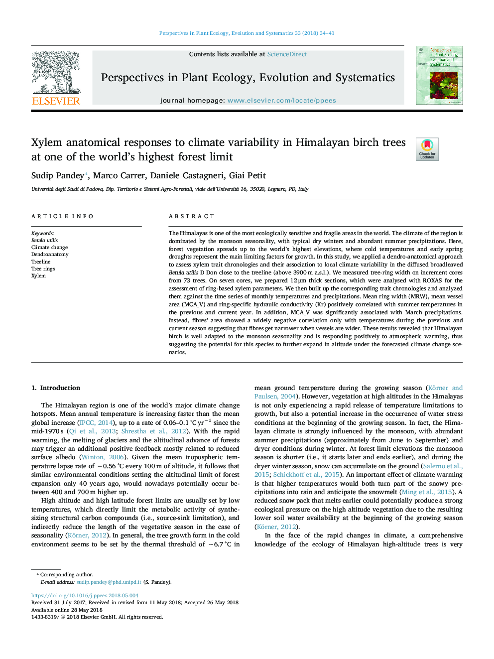 Xylem anatomical responses to climate variability in Himalayan birch trees at one of the world's highest forest limit