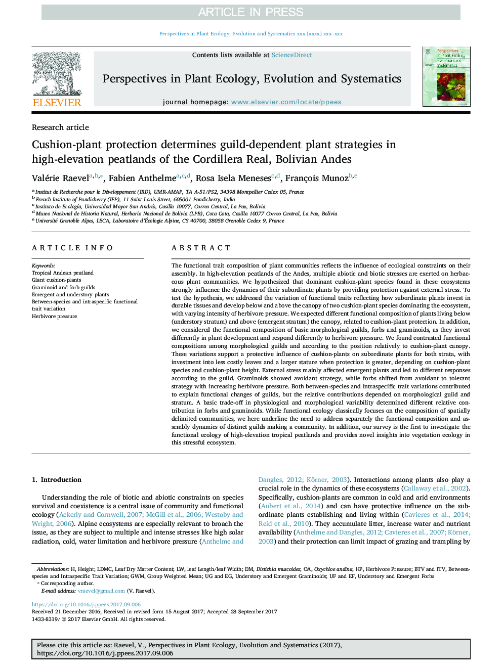 Cushion-plant protection determines guild-dependent plant strategies in high-elevation peatlands of the Cordillera Real, Bolivian Andes