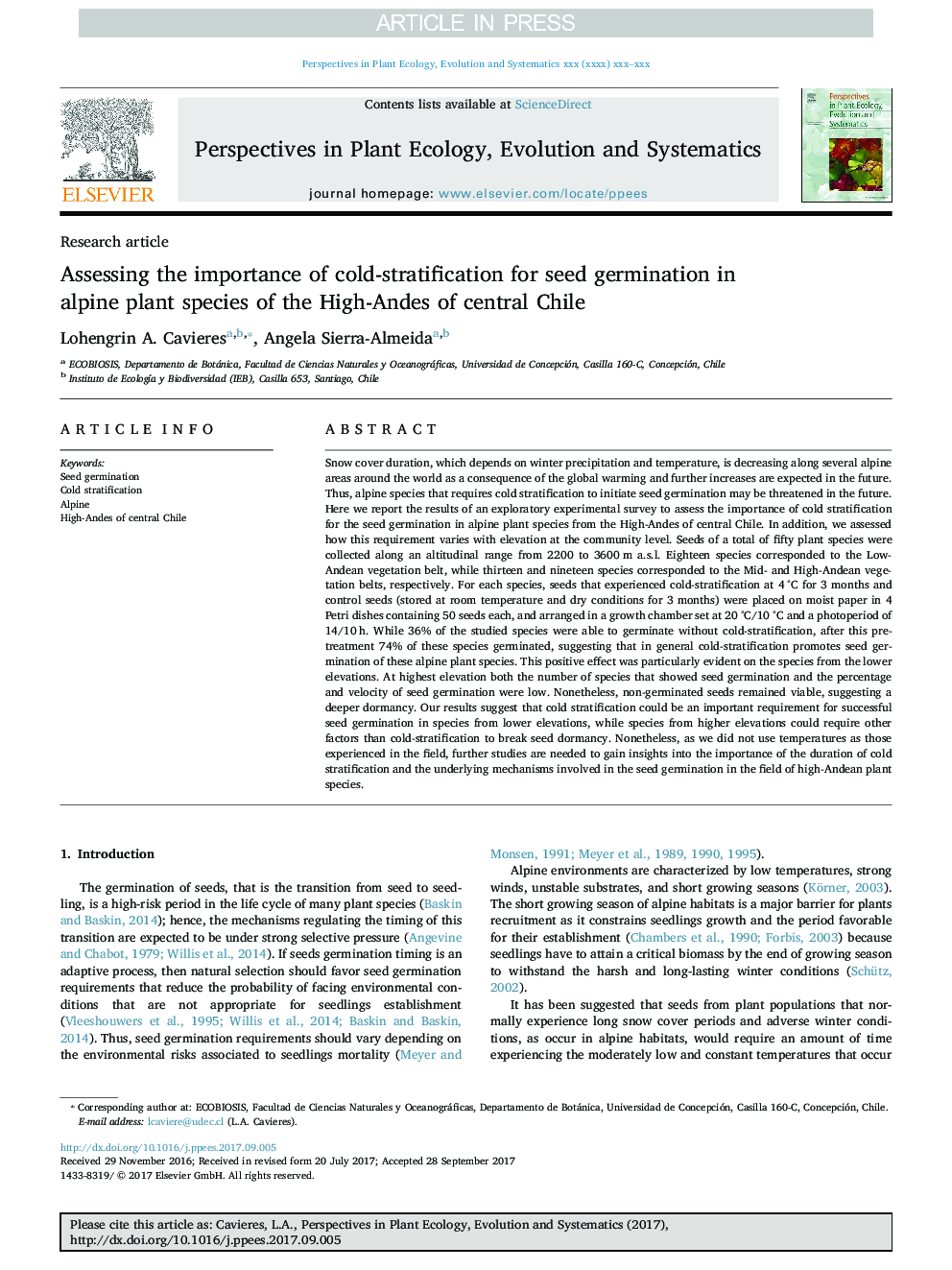 Assessing the importance of cold-stratification for seed germination in alpine plant species of the High-Andes of central Chile