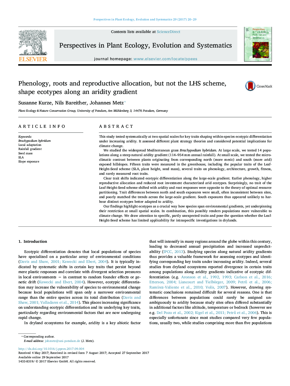 Phenology, roots and reproductive allocation, but not the LHS scheme, shape ecotypes along an aridity gradient