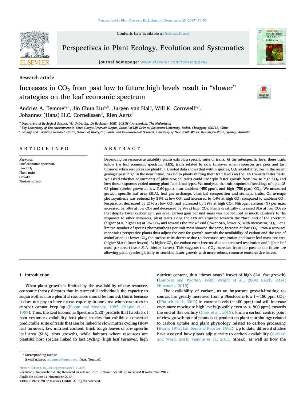 Increases in CO2 from past low to future high levels result in “slower” strategies on the leaf economic spectrum