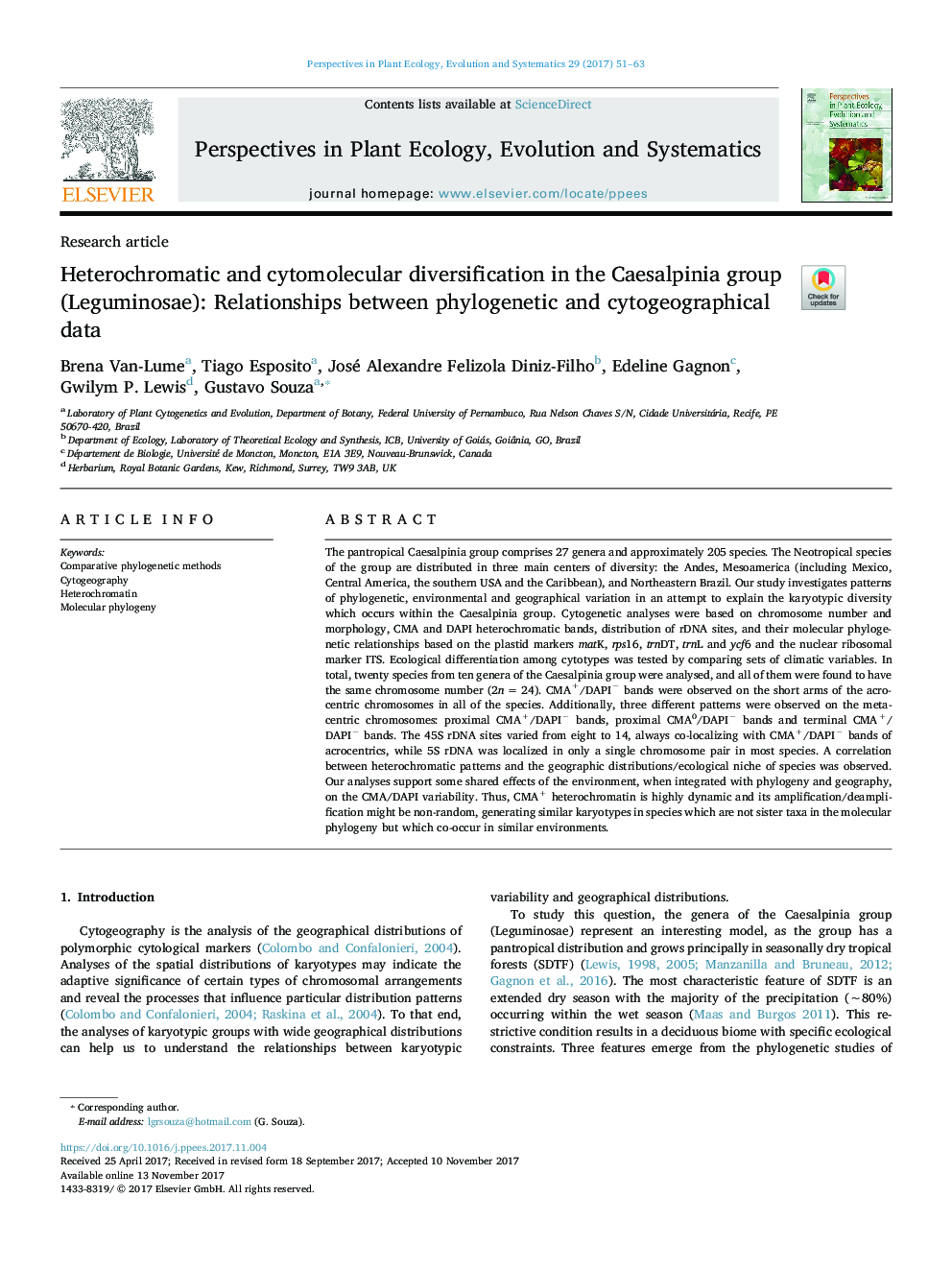 Heterochromatic and cytomolecular diversification in the Caesalpinia group (Leguminosae): Relationships between phylogenetic and cytogeographical data