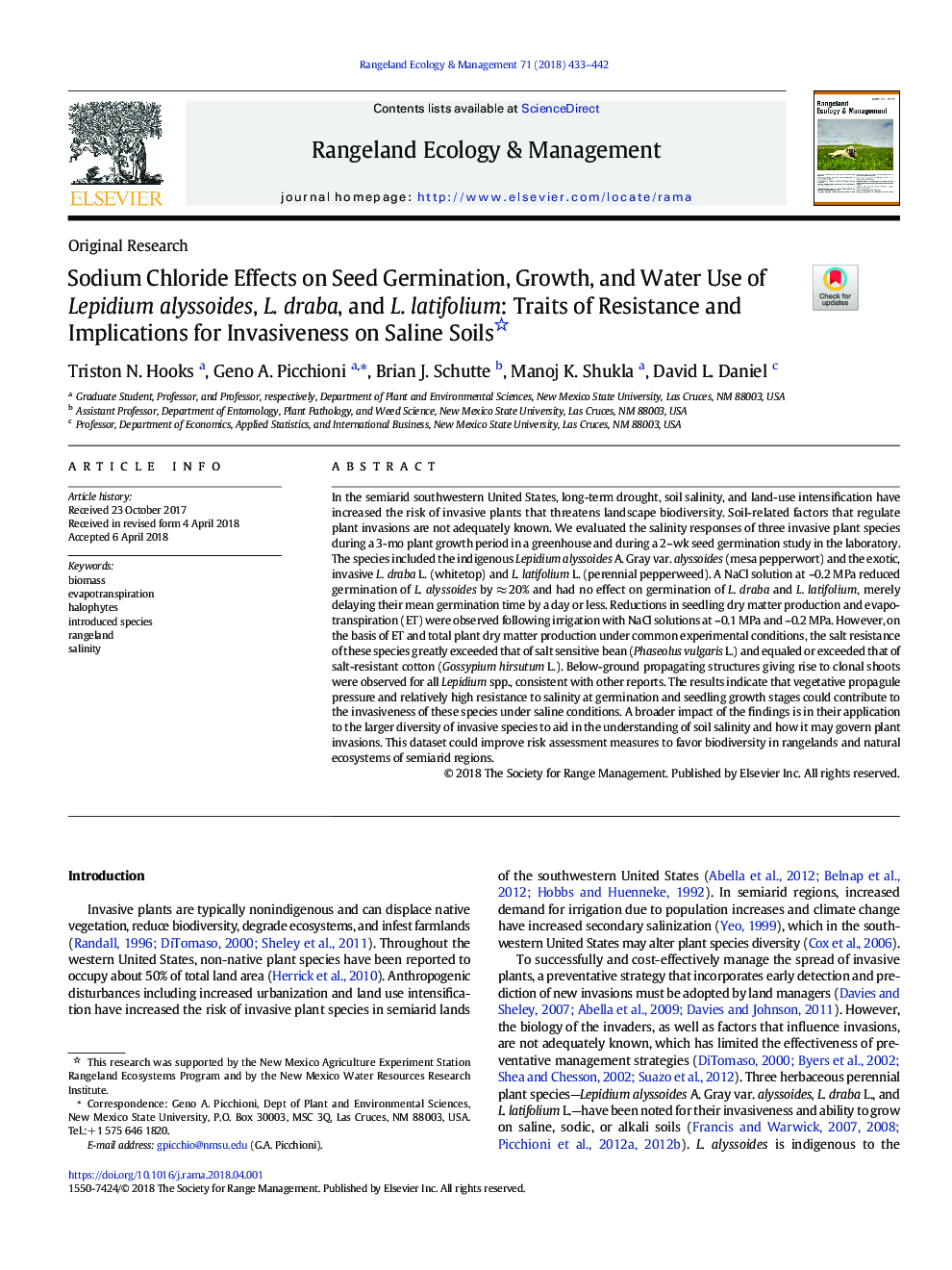 Sodium Chloride Effects on Seed Germination, Growth, and Water Use of Lepidium alyssoides, L. draba, and L. latifolium: Traits of Resistance and Implications for Invasiveness on Saline Soils