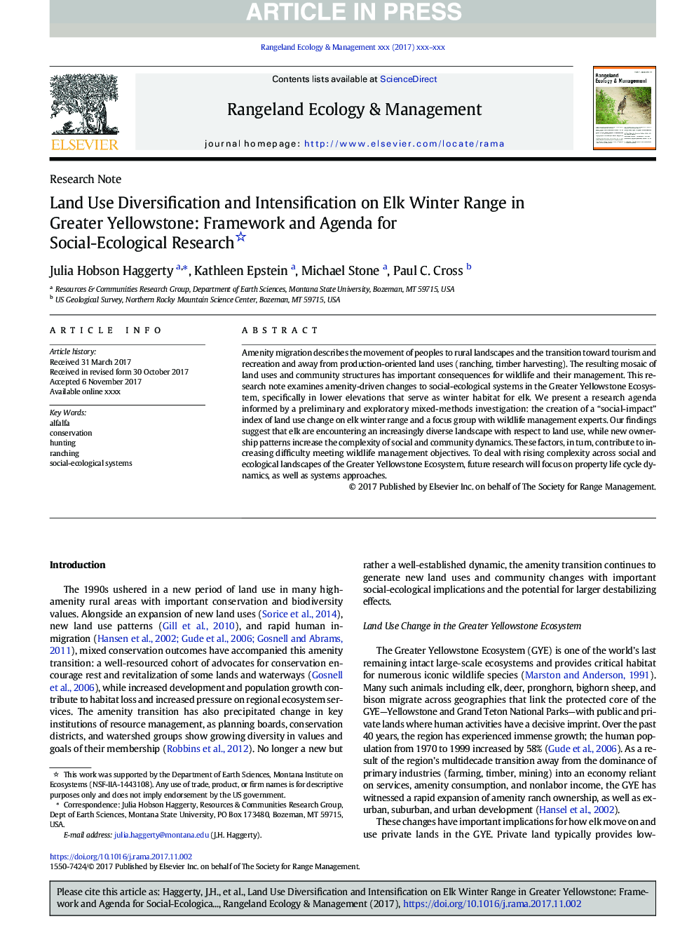 Land Use Diversification and Intensification on Elk Winter Range in Greater Yellowstone: Framework and Agenda for Social-Ecological Research