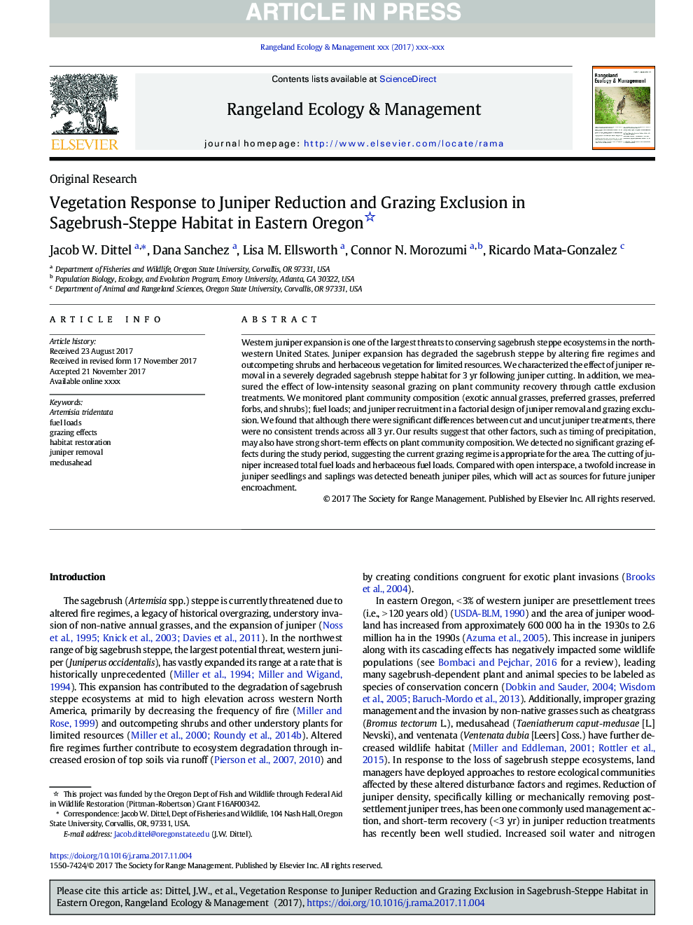 Vegetation Response to Juniper Reduction and Grazing Exclusion in Sagebrush-Steppe Habitat in Eastern Oregon